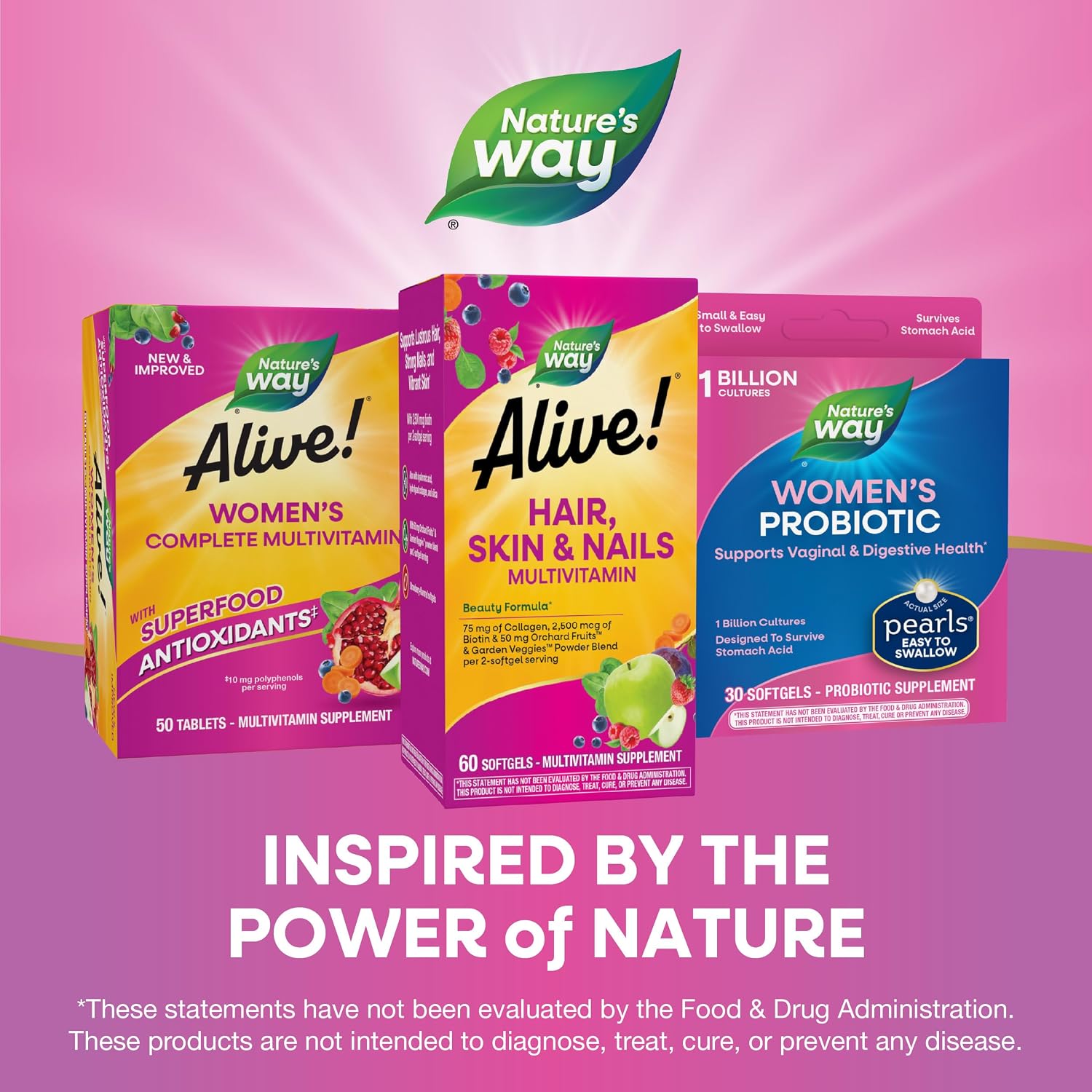 Nature's Way Alive! Hair, Skin and Nails Multivitamin, with Collagen, 60 ct | 75 mg Collagen and 2, 500 mcg Biotin per 2-Softgel Serving
