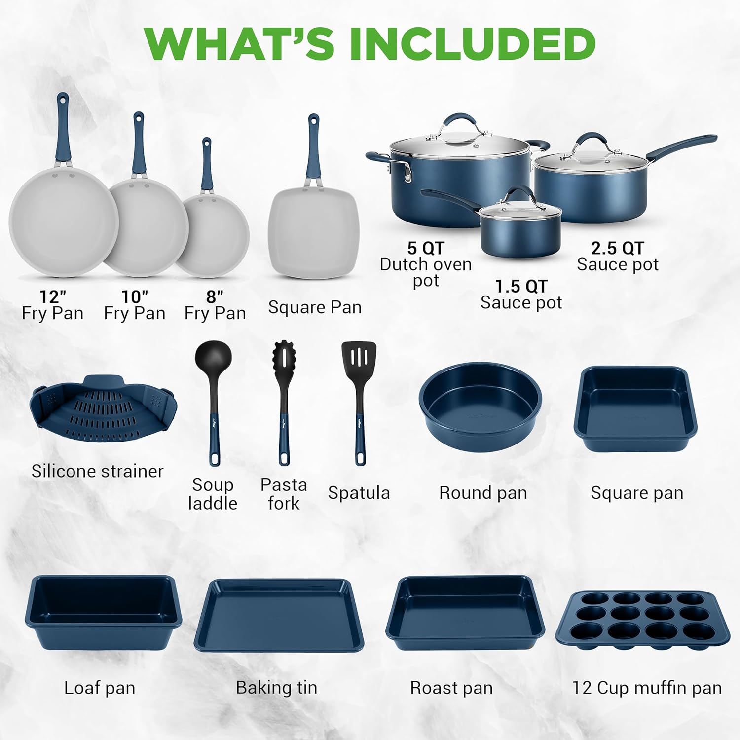 Nutrichef 20 Piece Professional Home Kitchen Cookware and Bakeware, Pots and Pans Set Non Stick Kitchenware, Cool-Touch Handles, Non Toxic