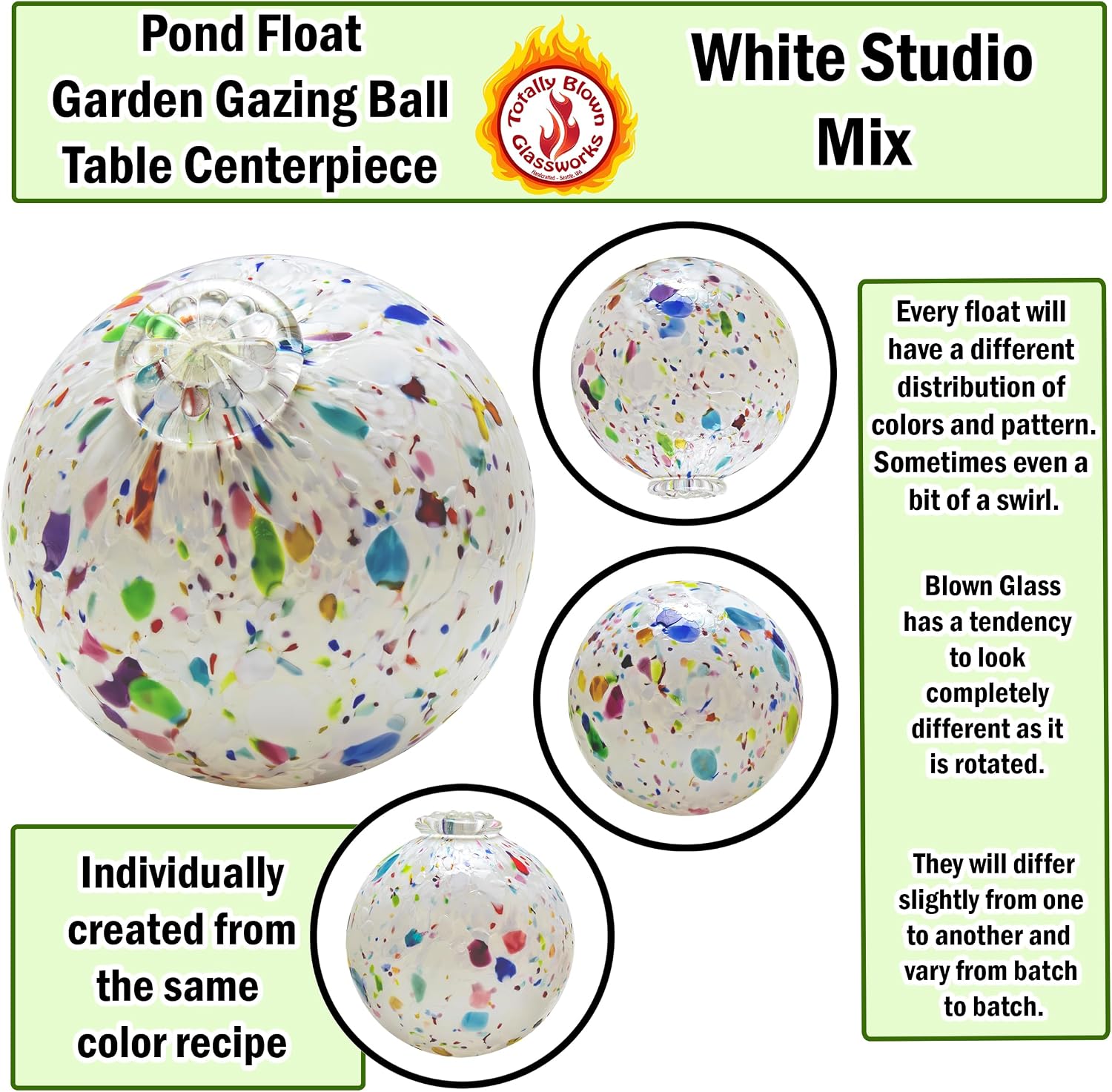Totally Blown Glassworks Pond Float. Handmade Blown Glass, Garden Gazing Ball, Table Centerpiece