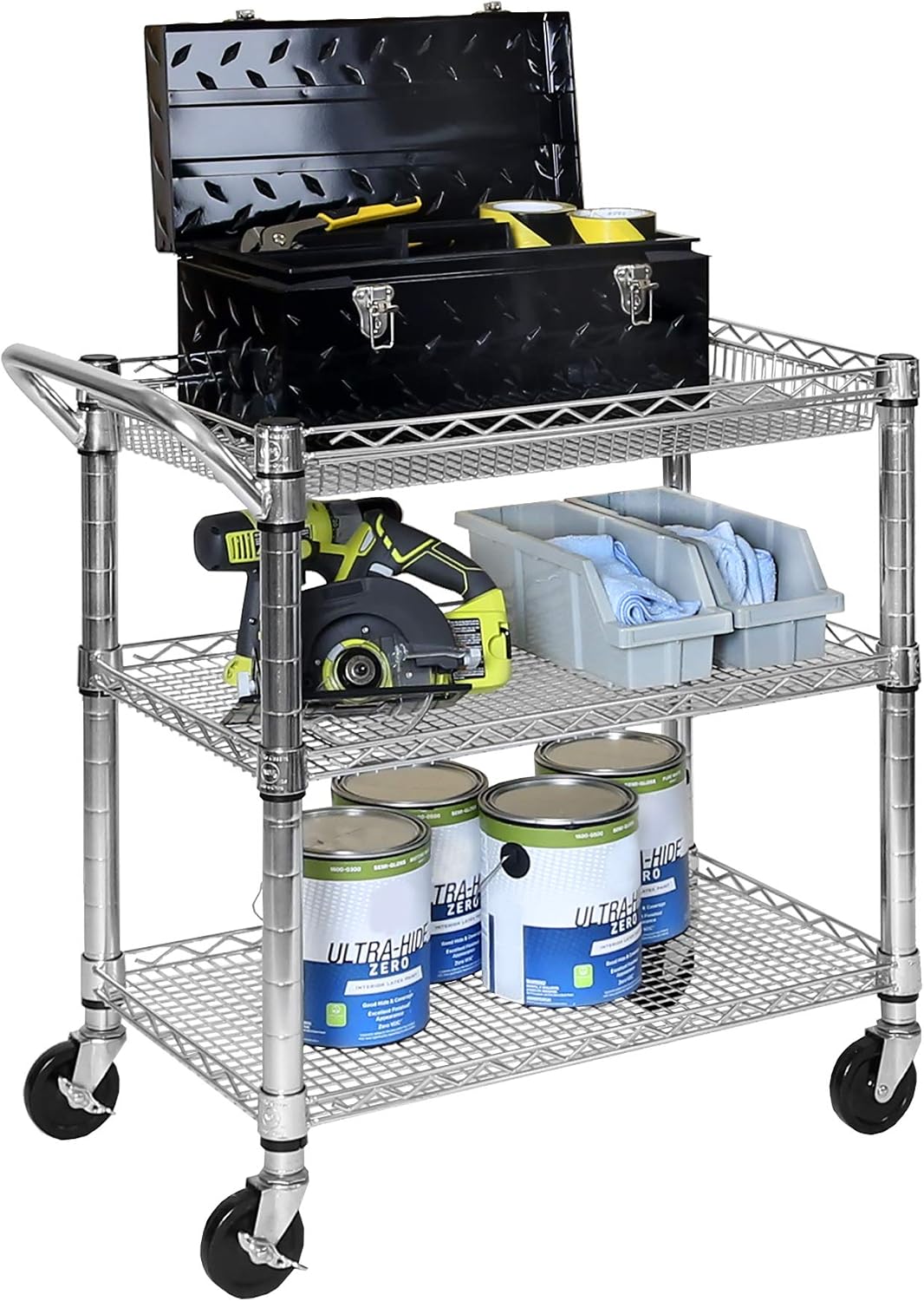 Seville Classics UltraDurable NSF Commercial Heavy Duty Metal Rolling Utility Cart, w/ Steel Shelves, Handle Bar for Restaurant, Garage, Warehouse, Kitchen, Office, Top Shelf (36"W x 18"D)