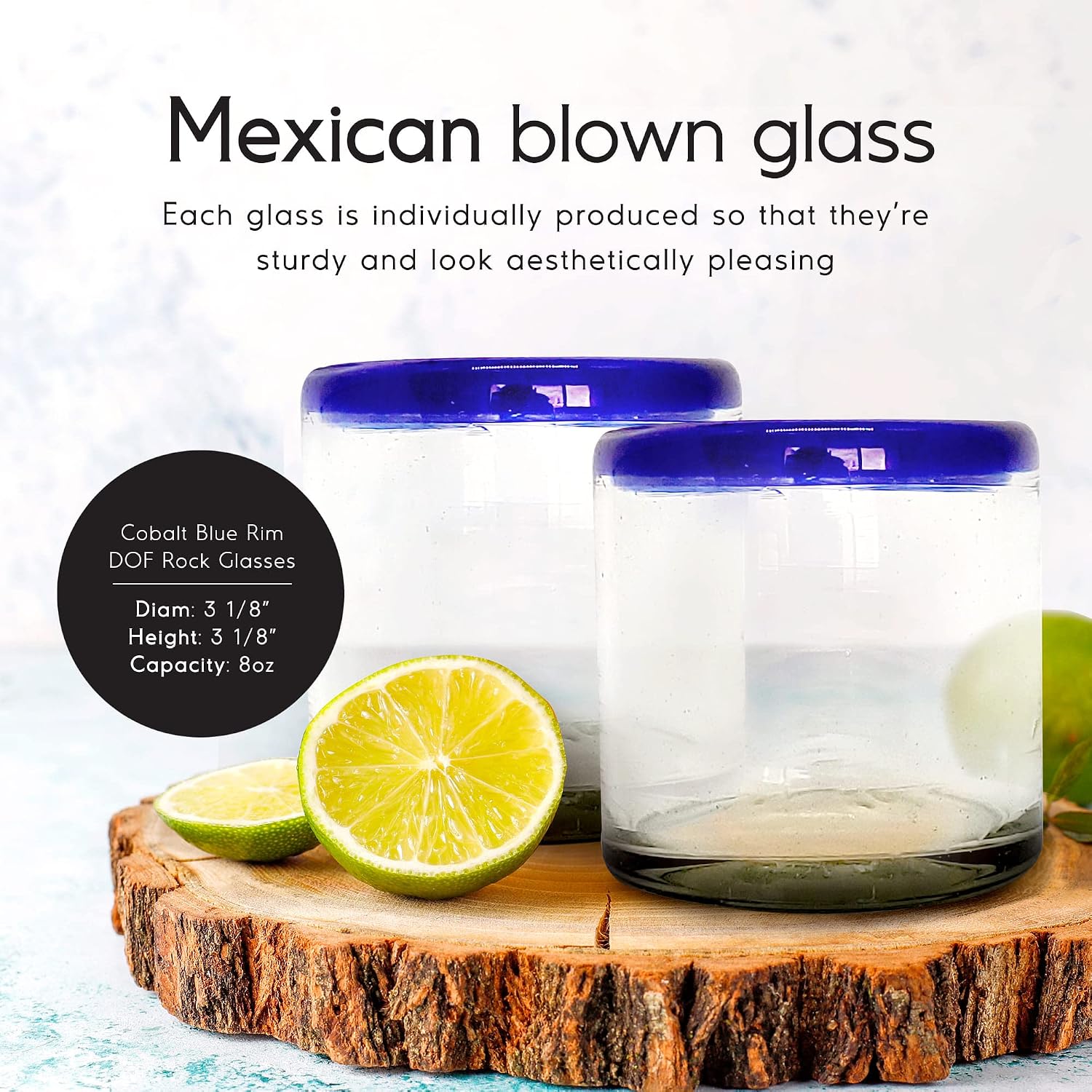Cobalt Blue Rim 120 oz Pitcher and 6 Drinking Glasses set, Recycled Glass, Lead-free, Toxin-Free (Pitcher & Glasses)