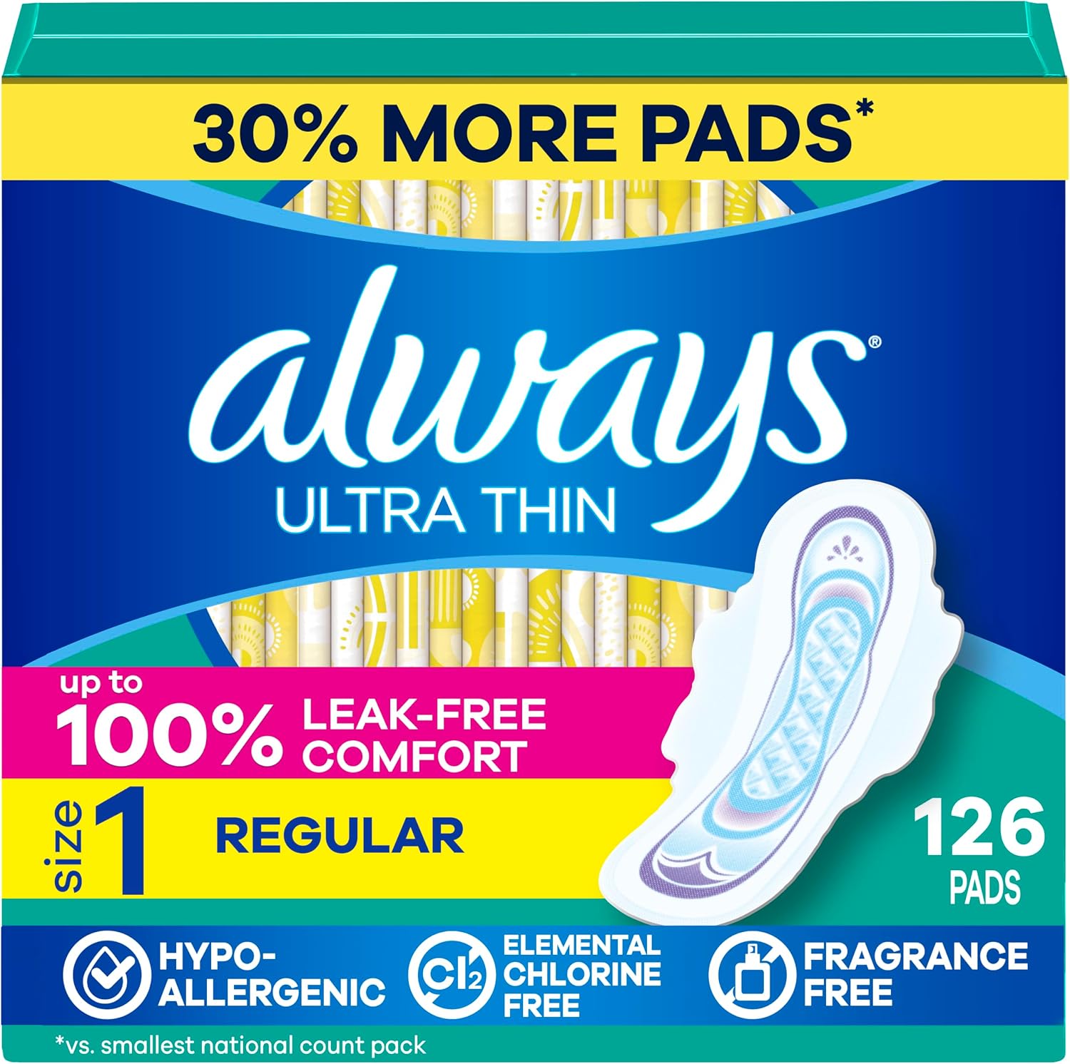 Always Ultra Thin Feminine Pads with Wings for Women, Size 1, Regular Absorbency, Unscented, Up to 100% Leak-Free Protection, 46 Count