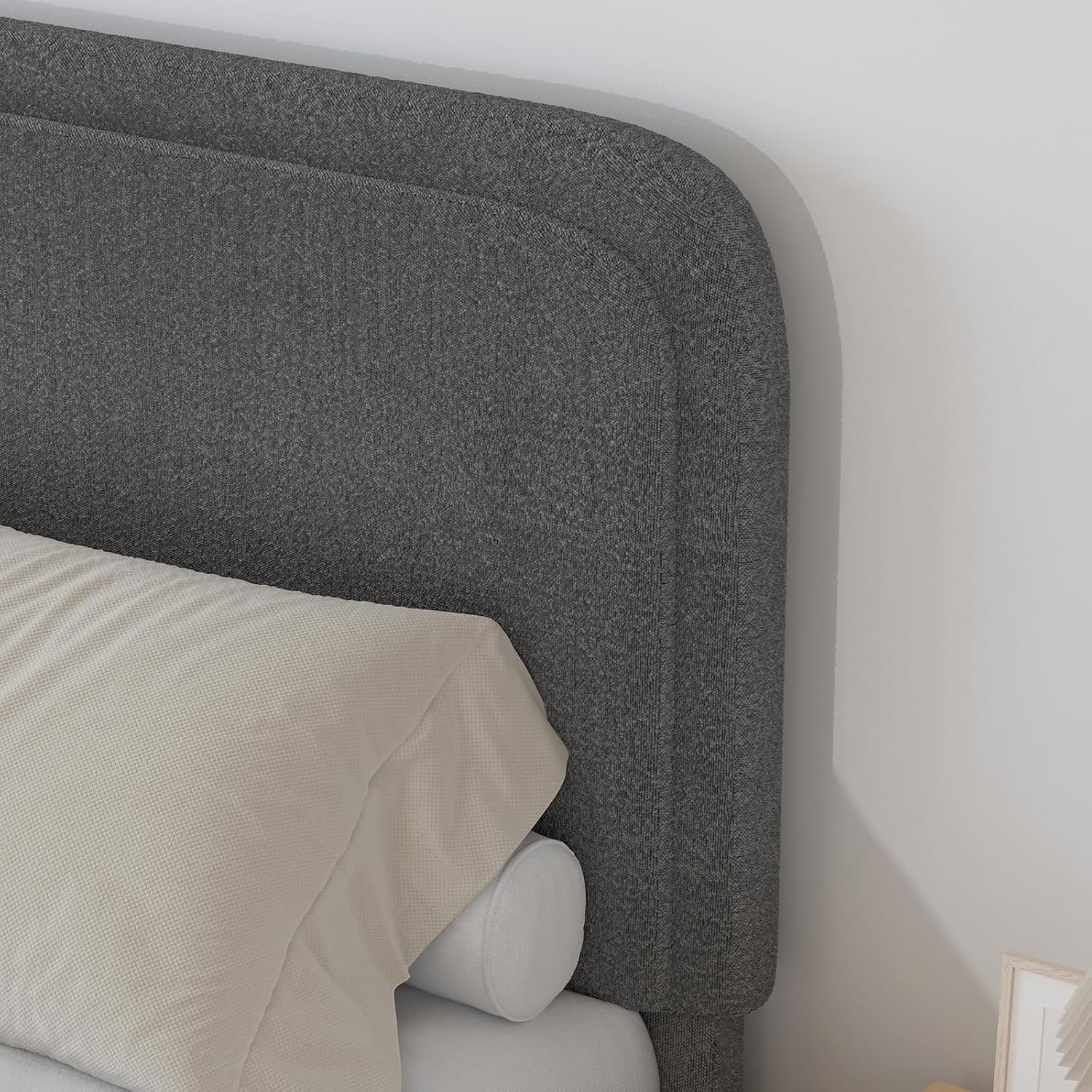 BarnFurin Full Bed Frame, Cloud Boucle Headboard, Rounded Corners, White | Soft boucle and rounded edges create a low-profile cloud look. Wooden slats support the mattress without a box spring