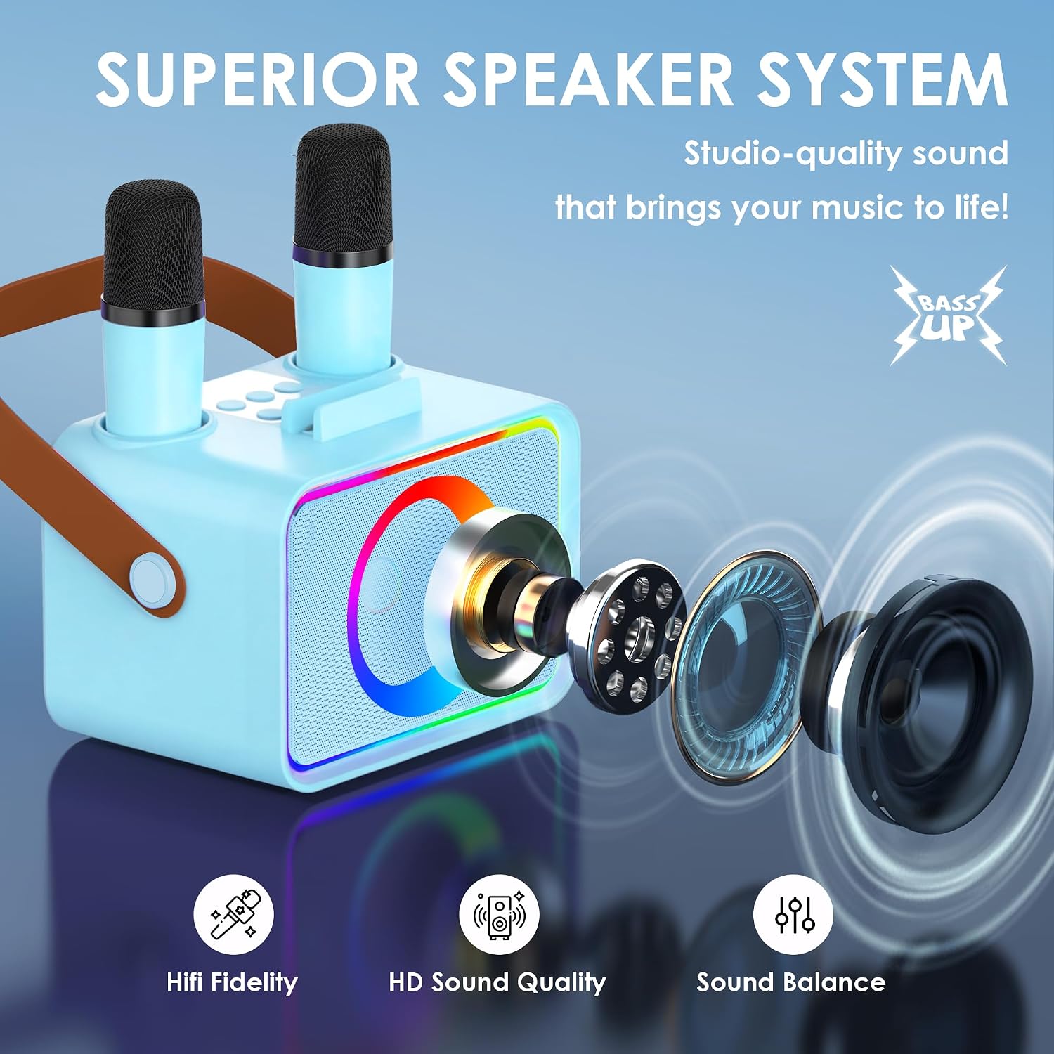 Karaoke Machine for Kids Adults,Portable Bluetooth Speaker with 2 Wireless Microphone with LED Lights, Karaoke Microphone with PA System Supports USB/TF/AUX,Gift for Party (Black)