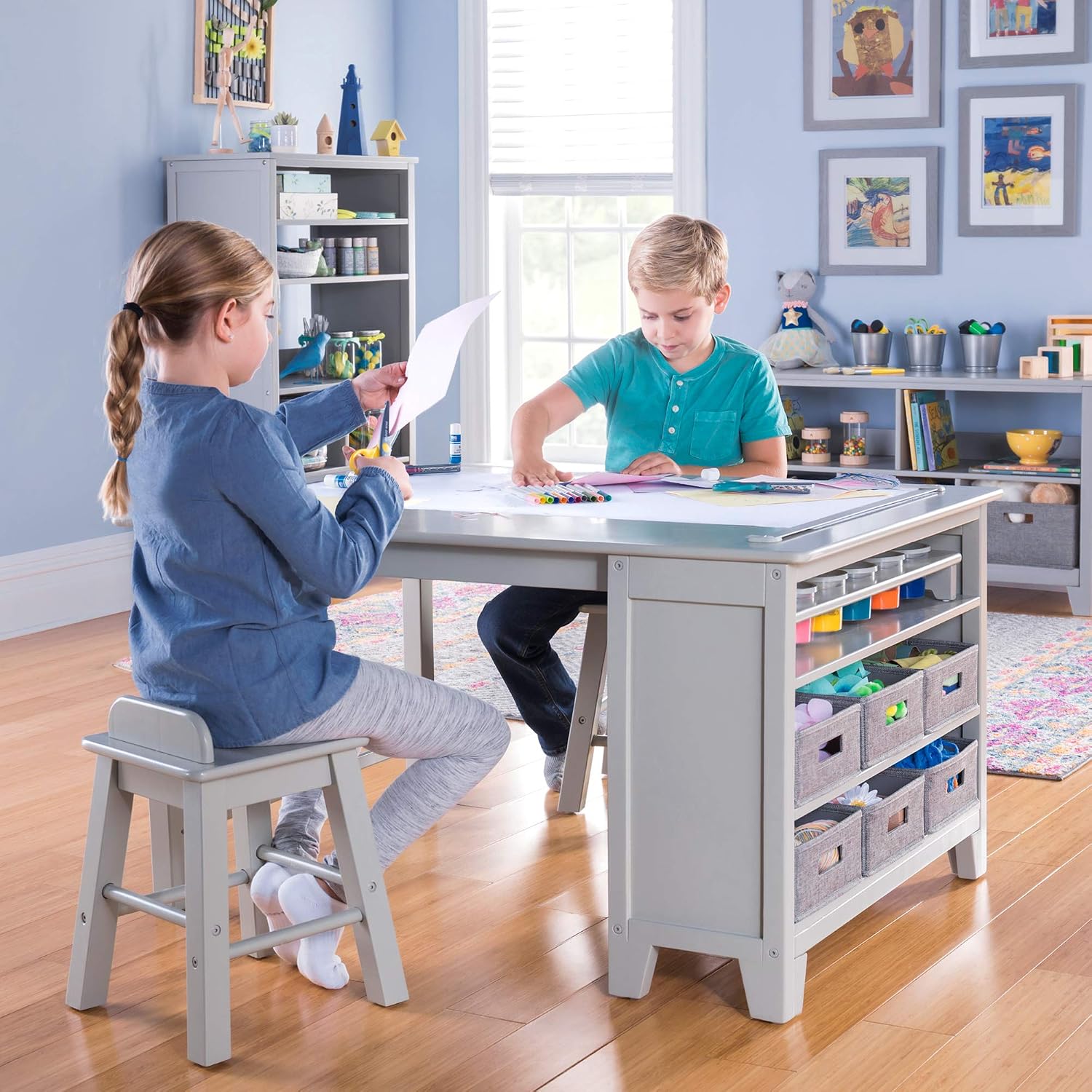 Martha Stewart Kids' Art Table and Chair Set - Linen White: Wooden Kids Play Table for Arts and Crafts | Coloring Desk with Paint Cups