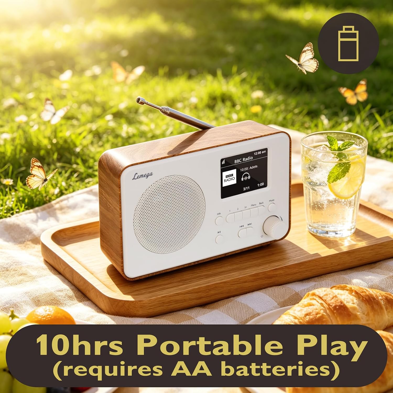 LeMega IR1PRO Internet Radio, Podcasts, Bluetooth, FM, Walnut | Alarm clock, full colour display, mains or AA battery, compact kitchen radio, snooze