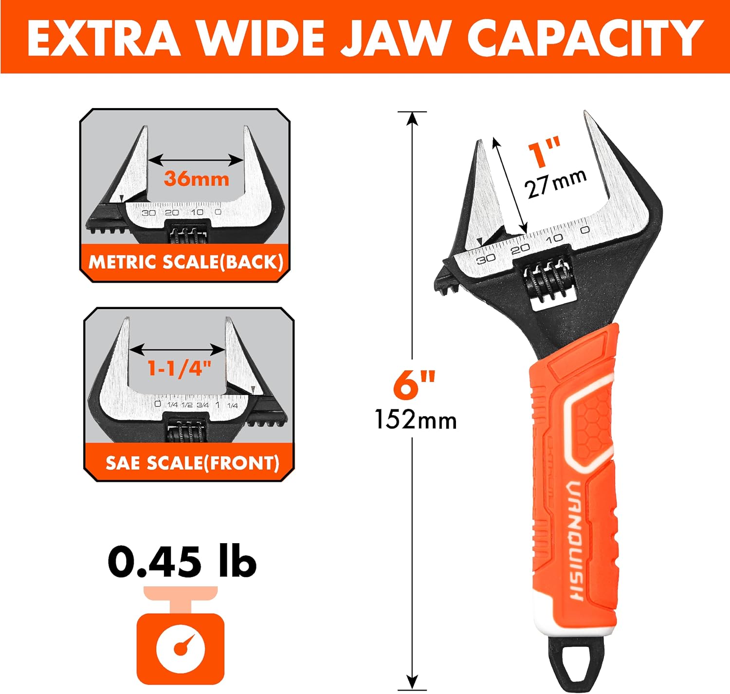 VANQUISH 12 Inch Adjustable Wrench, 2-3/8” Wide Jaw Opening Plumbing Wrench, CR-V Steel, SAE and Metric Scale Marked, With Comfort Grip Handle and Hanging Hole (3154)