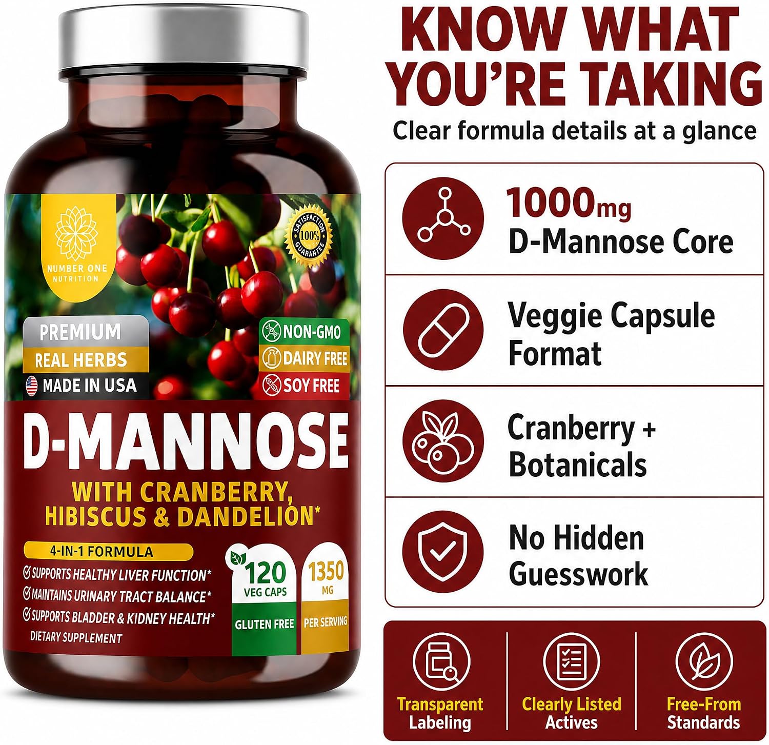 Premium D Mannose Supplement for Women and Men [Max Strength, 1350MG] Natural D-Mannose with Cranberry