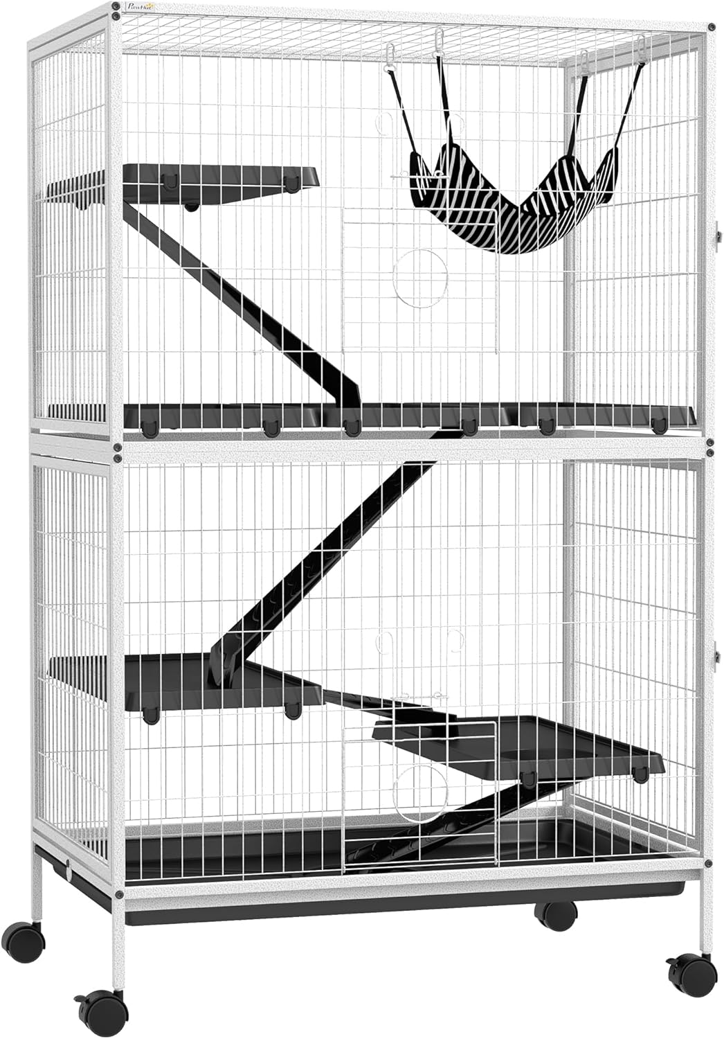 PawHut Metal Small Animal Cage, 4-Tiers Rolling Big Ferret Cage, Gray