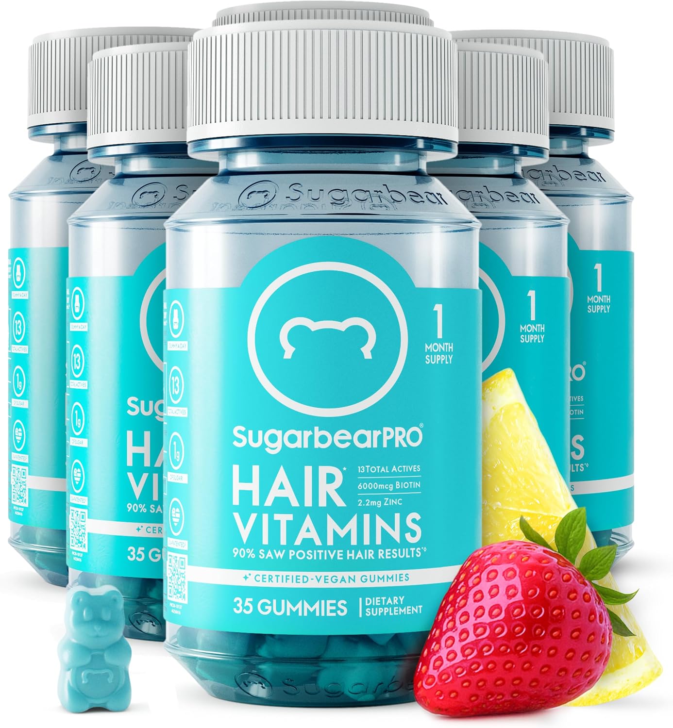 SugarbearPRO Hair Vitamin Gummy 2 Month Supply Extra Strength Biotin 6000mcg, Growth for Men & Women, Vegan Vitamin B12, MSM, Inositol, Omega 3, Elderberry, Certified Kosher, Halal, Cruelty-Free