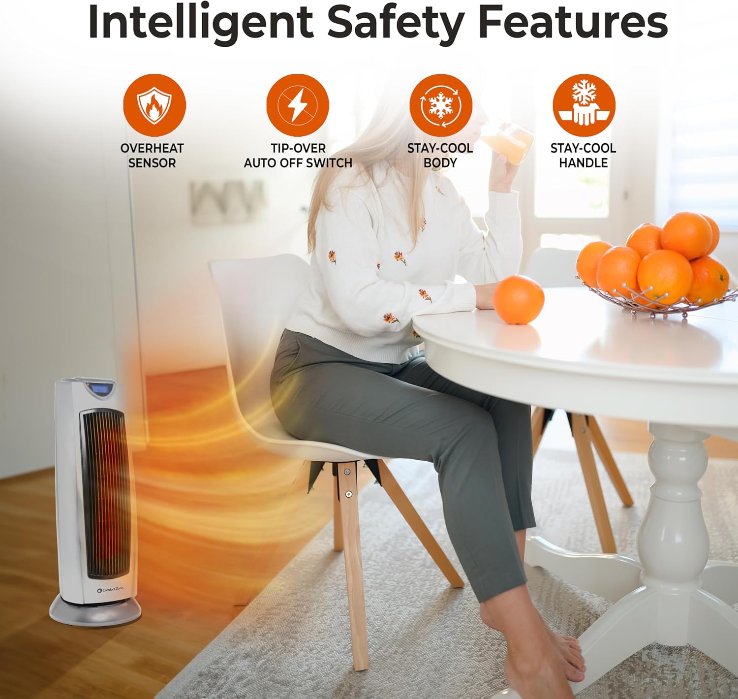 Comfort Zone Electric Oscillating Ceramic Tower Space Heater, Remote, Backlit Digital Thermostat & Temperature Display, Timer, & Overheat Sensor