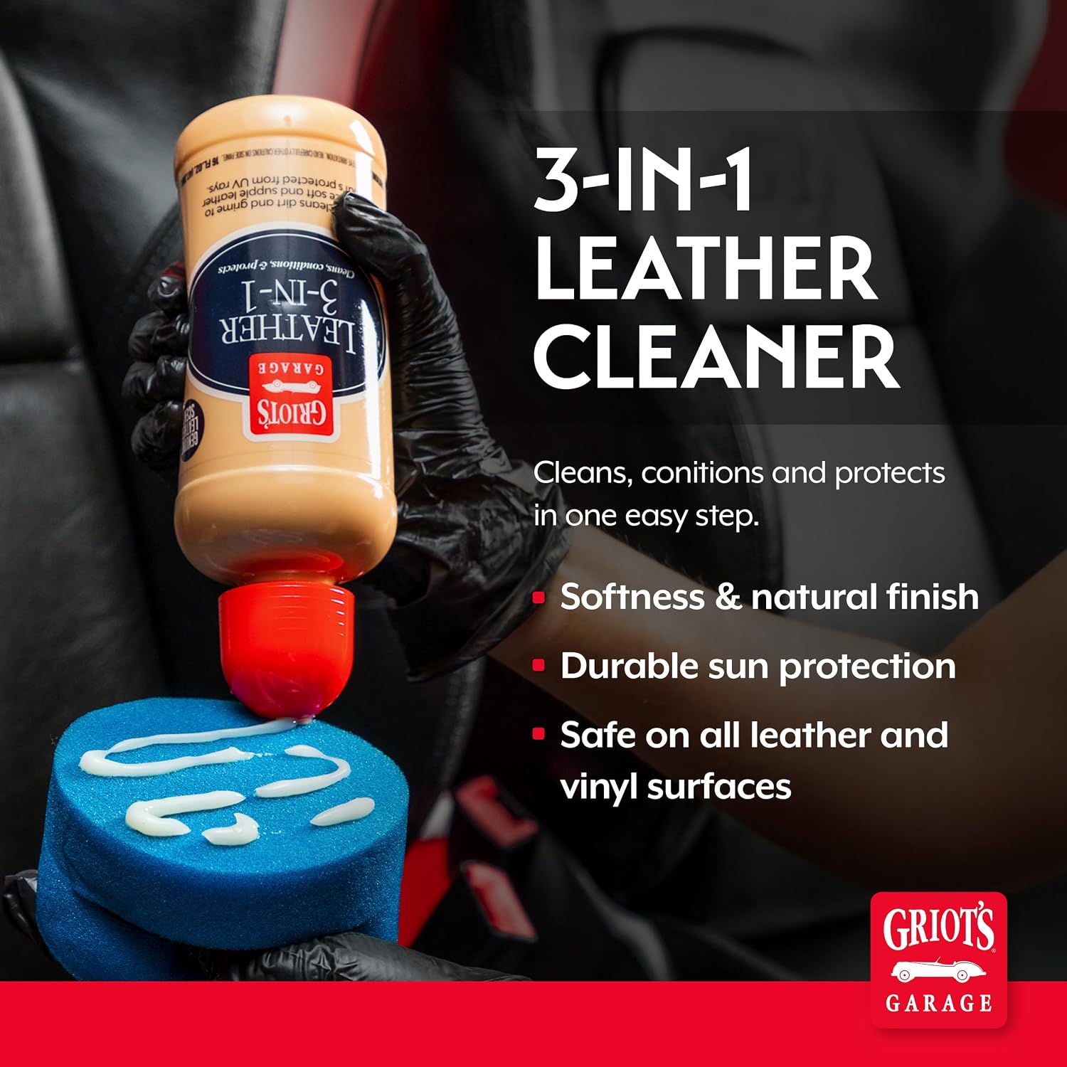 Griot's Garage Leather 3-in-1, Leather Cleaner and Conditioner for Car Leather Seat Upholstery, Sofa, Jacket, Shoes, and More, Cleans, Conditions