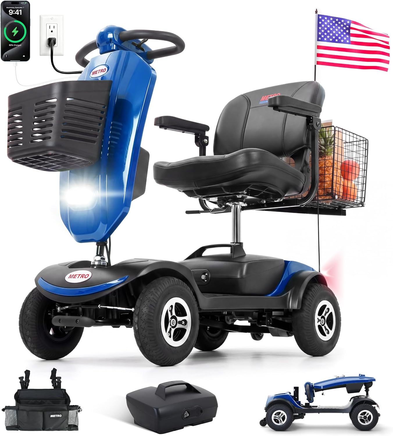 MetroMobility 15-25Miles 330lbs Electric Mobility Scooters for Seniors Blue