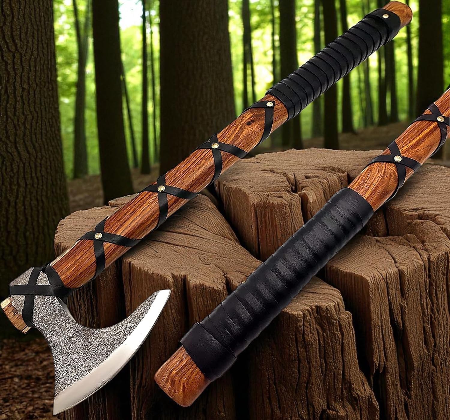 Poshland AX-7000 Custom Gift Forged Carbon Steel Viking Axe with Rose Wood Shaft, Viking Bearded Camping Axe
