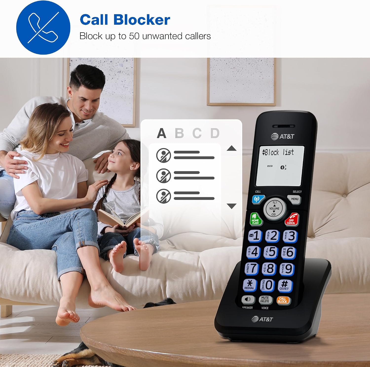 AT&T DL72219 DECT 6.0 2-Handset Cordless Phone for Home with Connect to Cell, Call Blocking, 1.8" Backlit Screen, Big Buttons, intercom