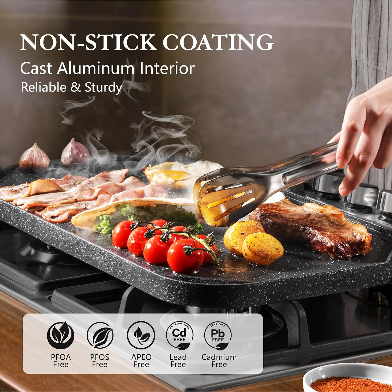 SENSARTE Nonstick Griddle Grill Pan, Pro-Grid Reversible Grill & Griddle Pan, Two Burner Cast Aluminum
