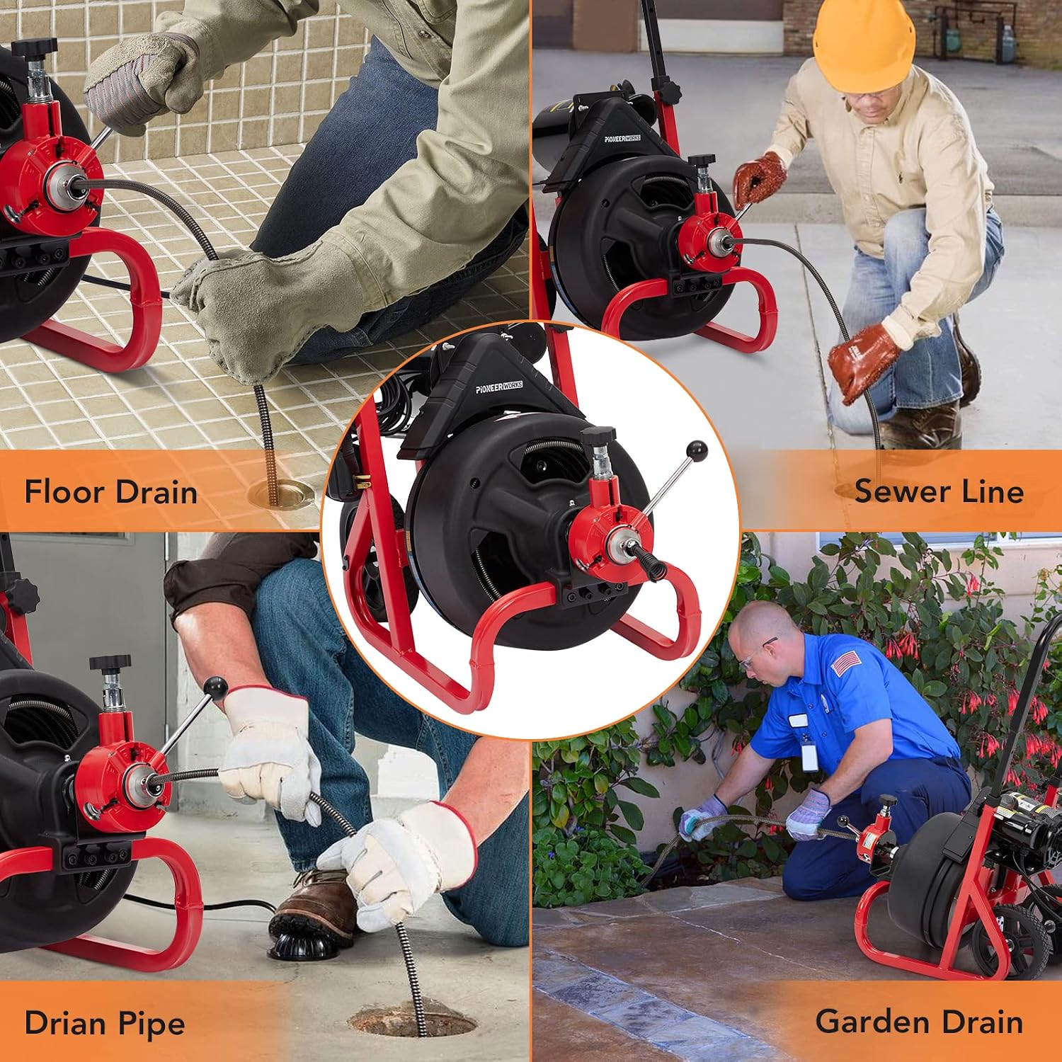 PIONEERWORKS Plumbing Snake & Drain Auger 100Ft x 3/8In, Electric Drain Cleaner Machine with Auto Feed, 6.8A Sewer Auger for 1-4 Inch Pipes