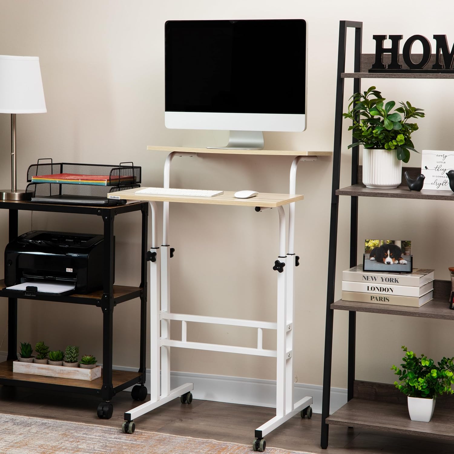 Mind Reader Standing Desk, Adjustable Height Laptop Workstation, Portable Rolling Desk on Wheels, Two-Tier Metal Frame, Black