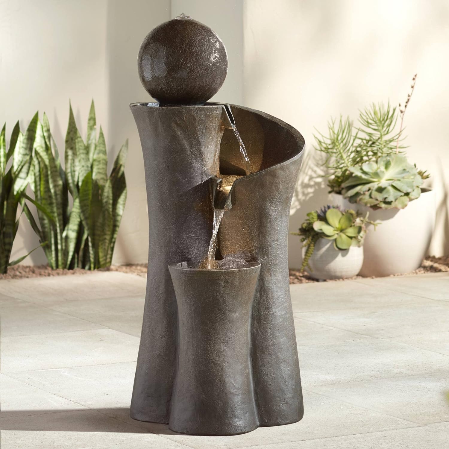 Modern Sphere Curve Cascading 39 1/2" Large LED Outdoor Indoor Fountain | Zen Decor Faux Stone Floor with Light Waterfall Water Feature for Outside