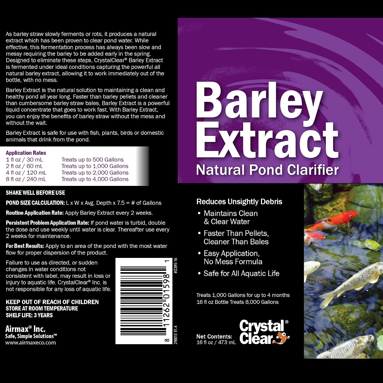 CrystalClear Barley Extract Pond Treatment, Water Clarifier, 2.5 Gallon | Natural for Fountains, Water Gardens & Koi Ponds, clears cloudiness and is Fish & Plant Safe