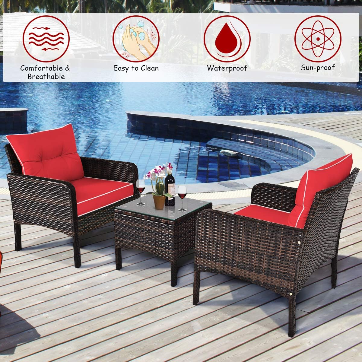 Tangkula 3 Piece Outdoor Patio Furniture Set, Wicker Chairs Set with Glass Top Coffee Table, Thick Cushions