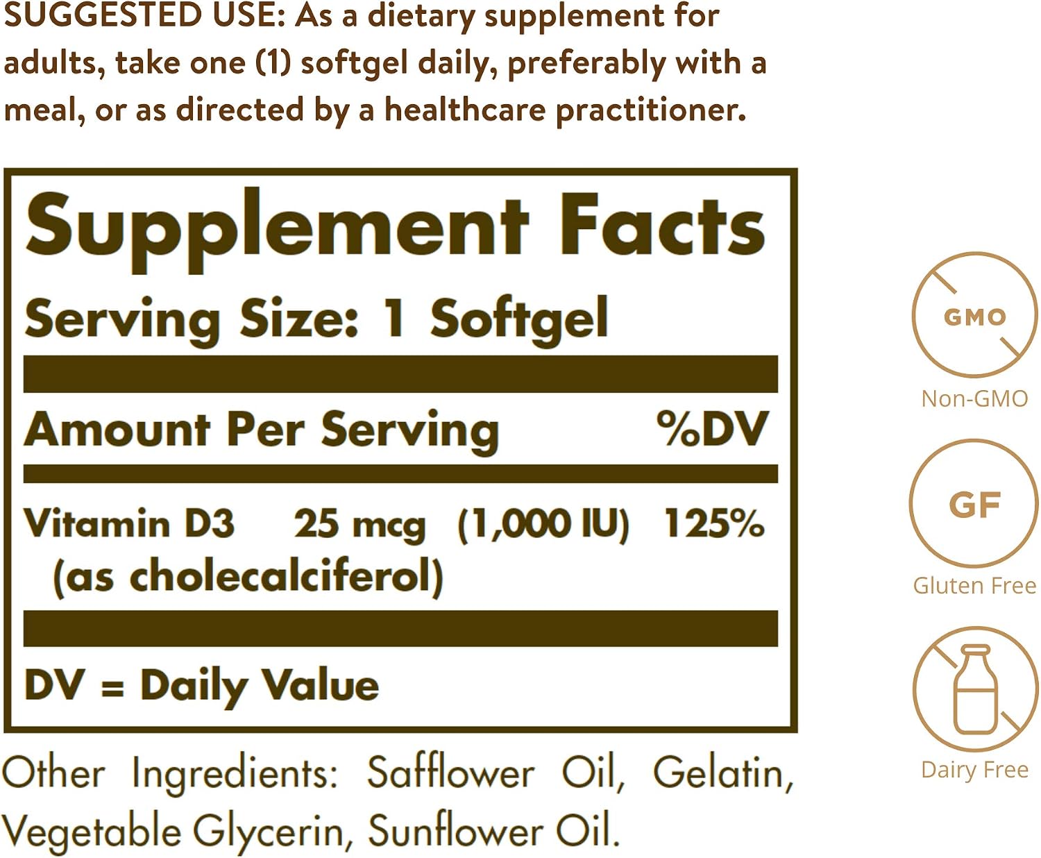 Solgar Vitamin D3 (Cholecalciferol) 25 MCG (1000 IU), 250 Servings | Helps Maintain Healthy Bones & Teeth, Immune System Support, Non-GMO, Gluten Free