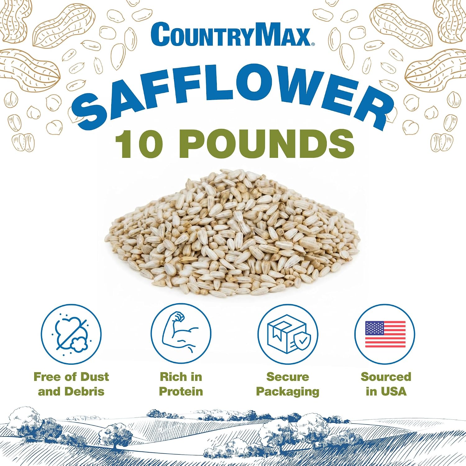 CountryMax Shelled Sunflower Chips 10 lb - No Waste Bird Seed for Outside Feeders, Resealable Bag of Wild Bird Feed | For Smaller Beaks, No Mess, No Waste. High Energy & USA Sourced. For Ground Feeding or Bird Feeders, For Year-Round Feeding