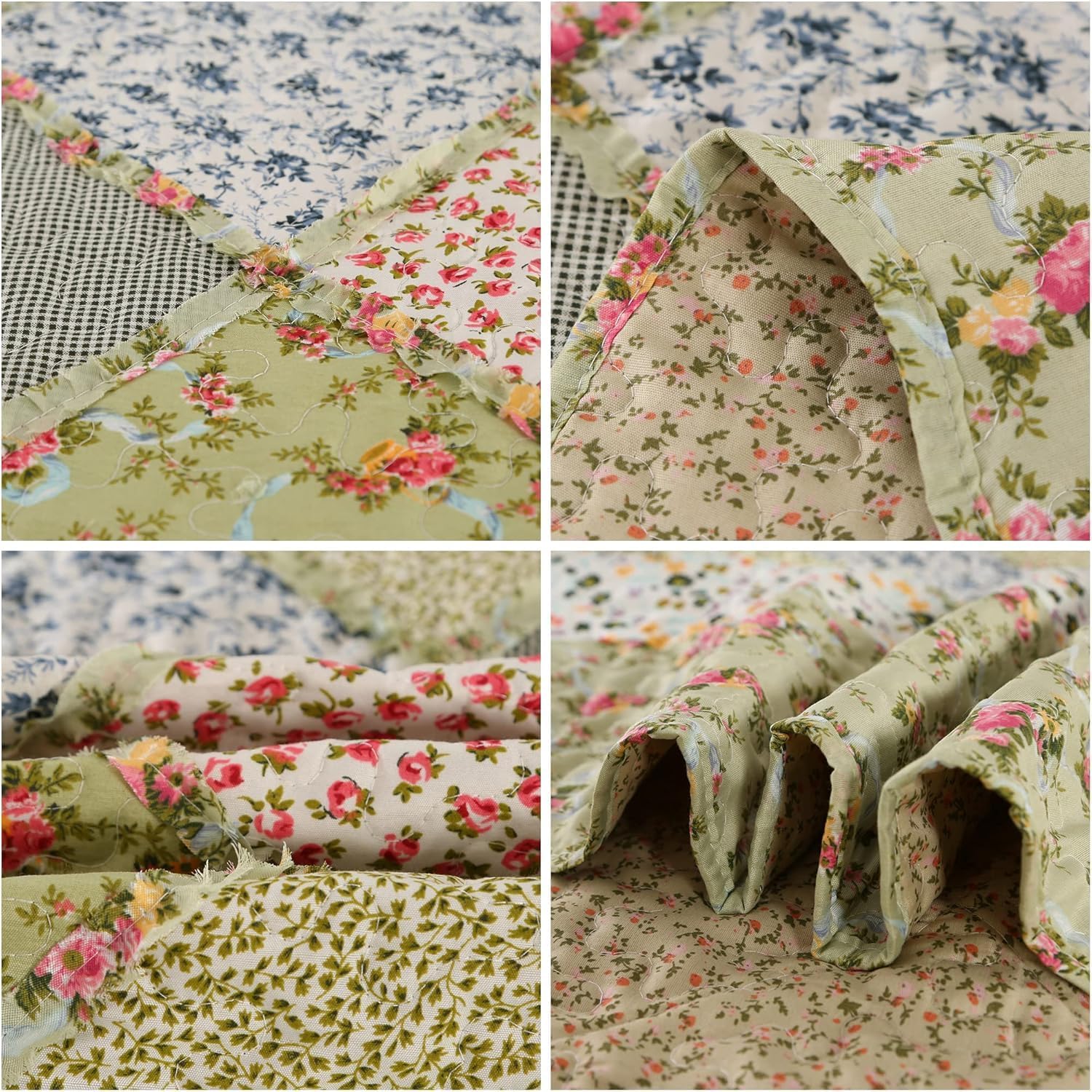 VIVILINEN Blue Floral Patchwork Quilt Set, Full Queen Size, 3 Piece Bedding Set with 2 Pillowcases