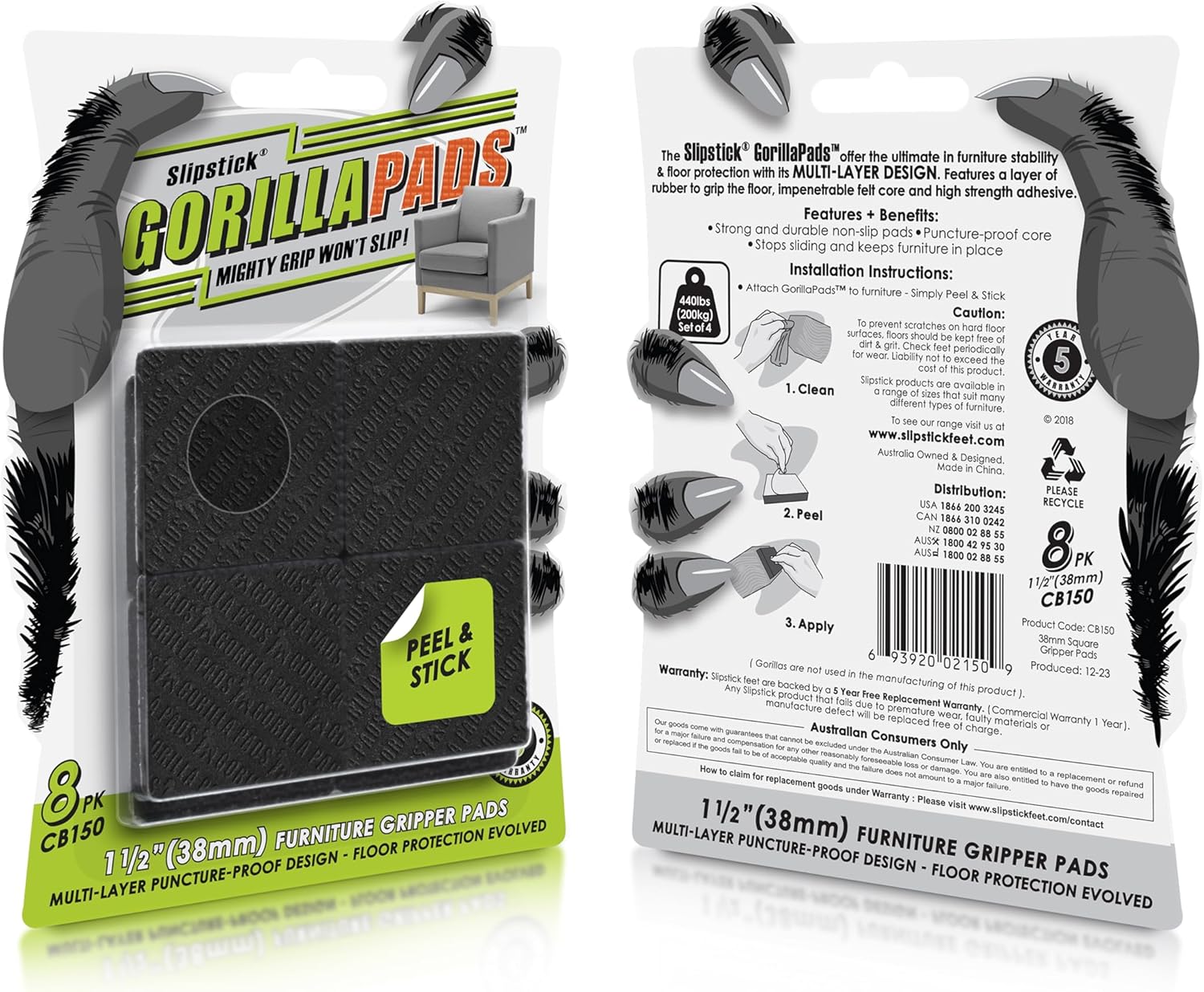 Slipstick GorillaPads CB149 Non-Slip Furniture Pads/Rubber Grippers (Set of 8) Self-Adhesive Furniture Feet Floor Protectors, 1-1/2 inch Round, Black