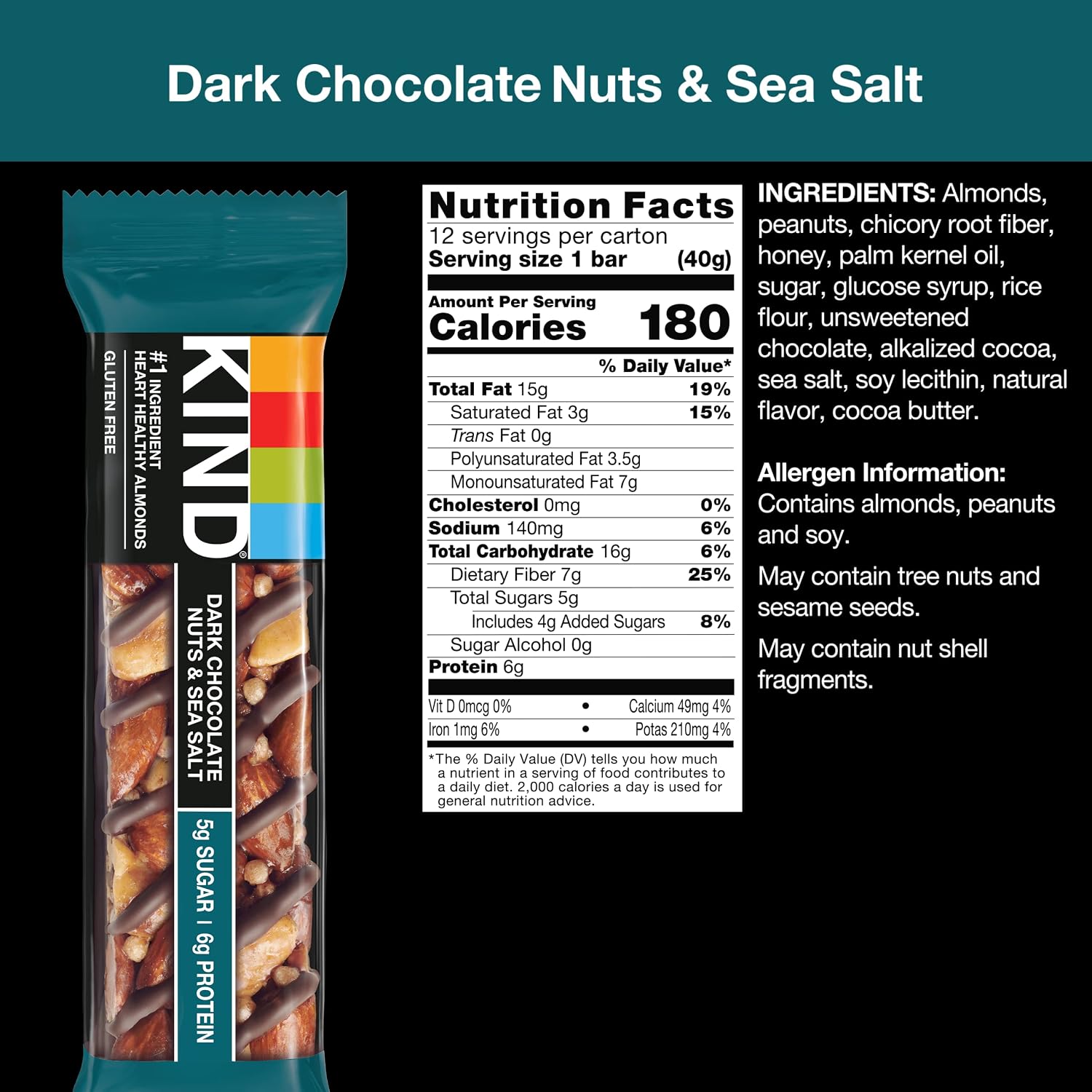 KIND Healthy Snacks Bars, Dark Chocolate Nuts & Sea Salt, Gluten Free, Low Sugar, High Fiber Snacks, 6g Protein, 12 Count
