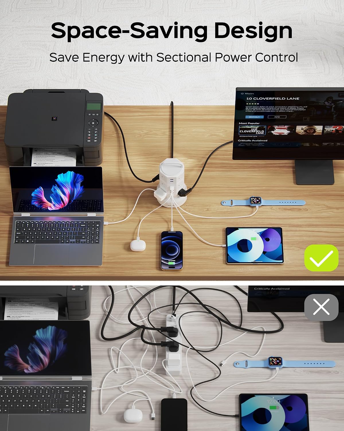 JACKYLED Power Strip Tower Surge Protector, 12 AC 6 USB (2 USB C), 1050J