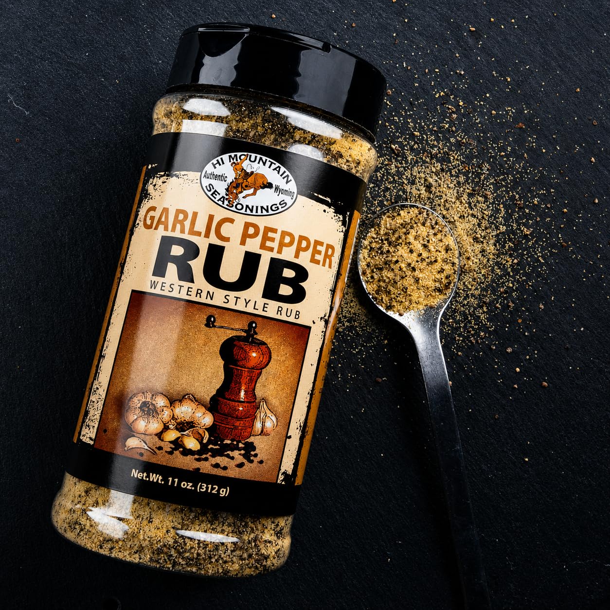 Hi Mountain | GARLIC PEPPER RUB | Meat Seasoning | 11 oz | Garlic pepper seasoning for beef, pork, venison, deer, elk, chicken, burgers, and vegetables