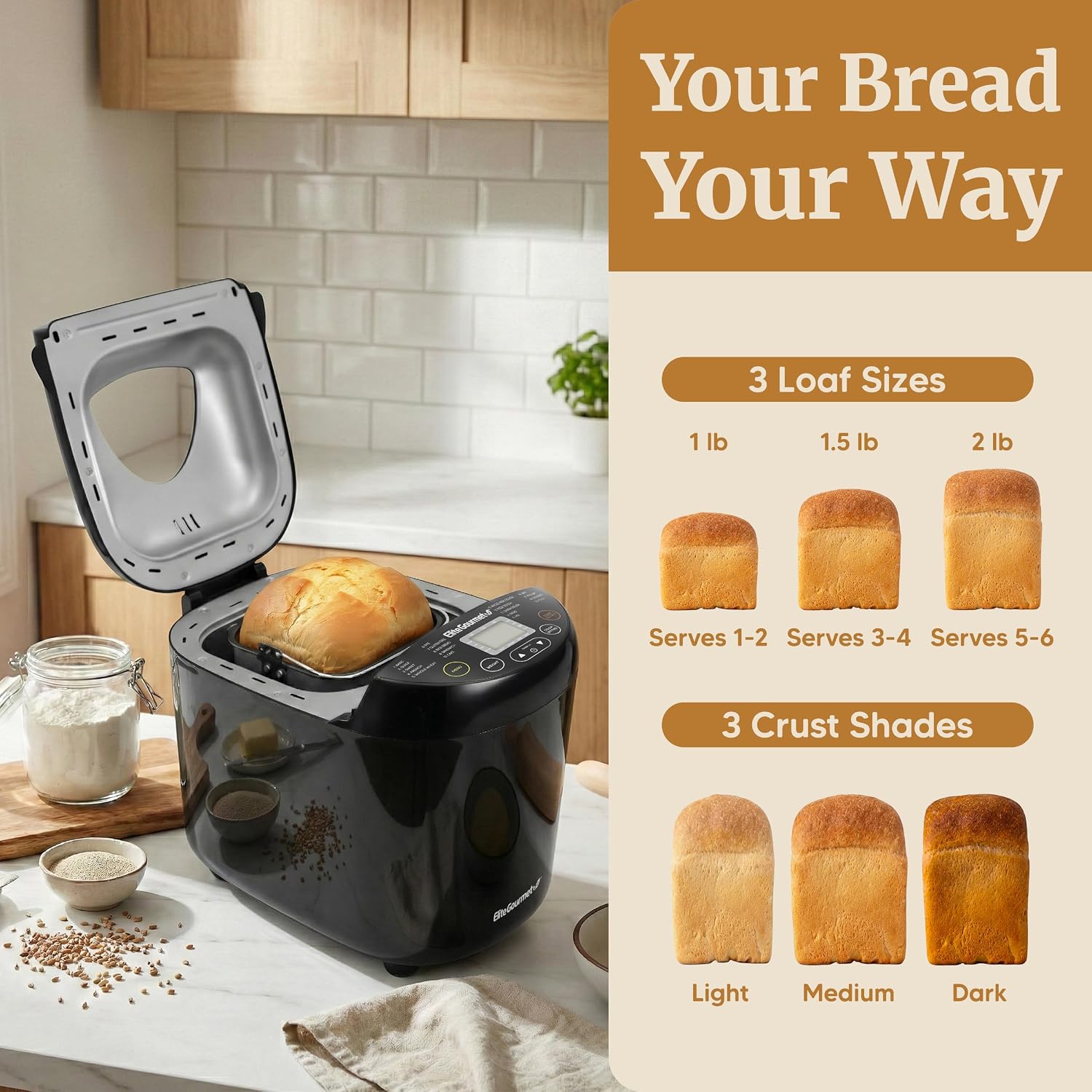 Elite Gourmet Programmable Bread Maker, 2 Lb, 3 Sizes, 19 Presets, Black