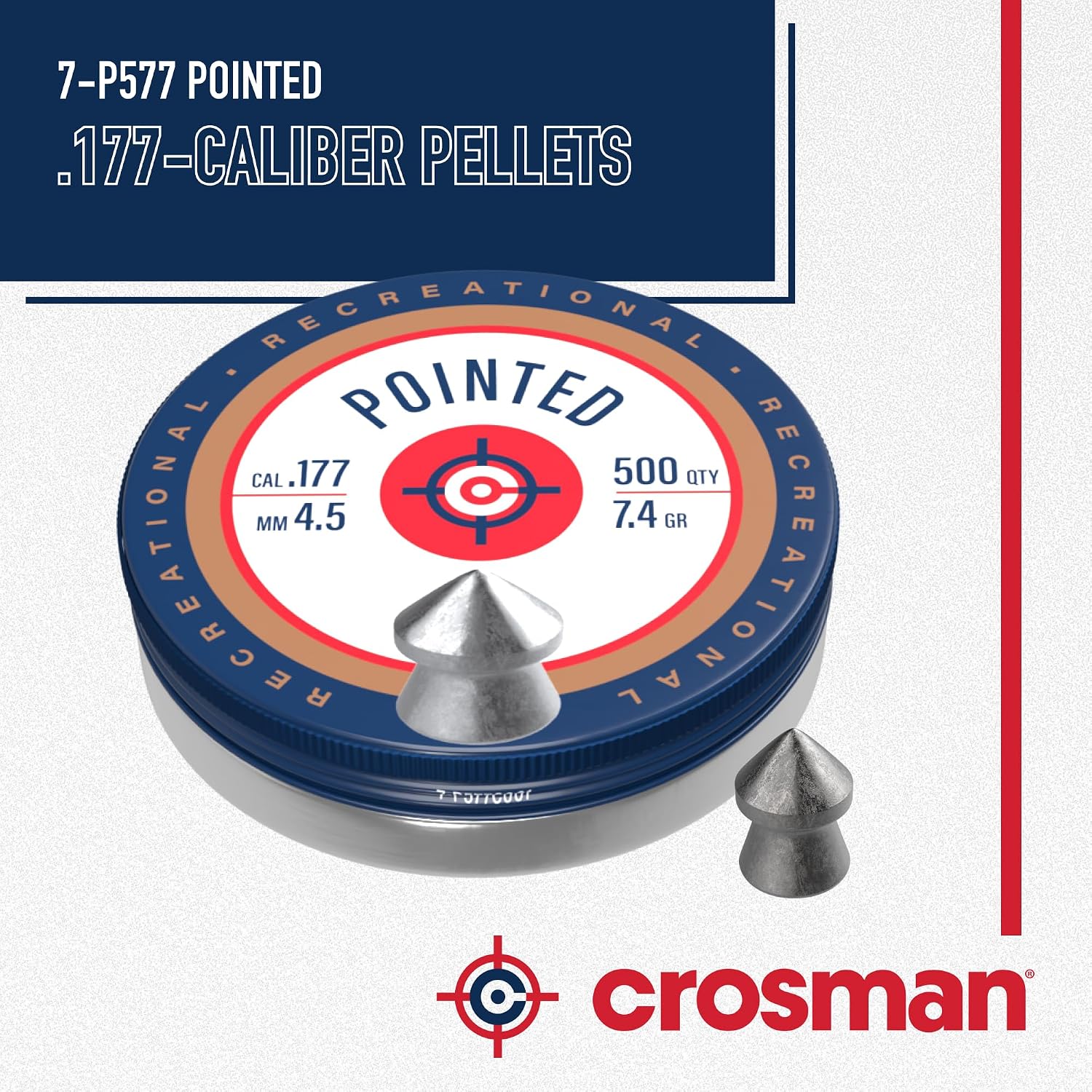 Crosman .177-Caliber Pointed Lead Pellets for Air Rifles and Air Pistols - 500 Count Tin - Lead