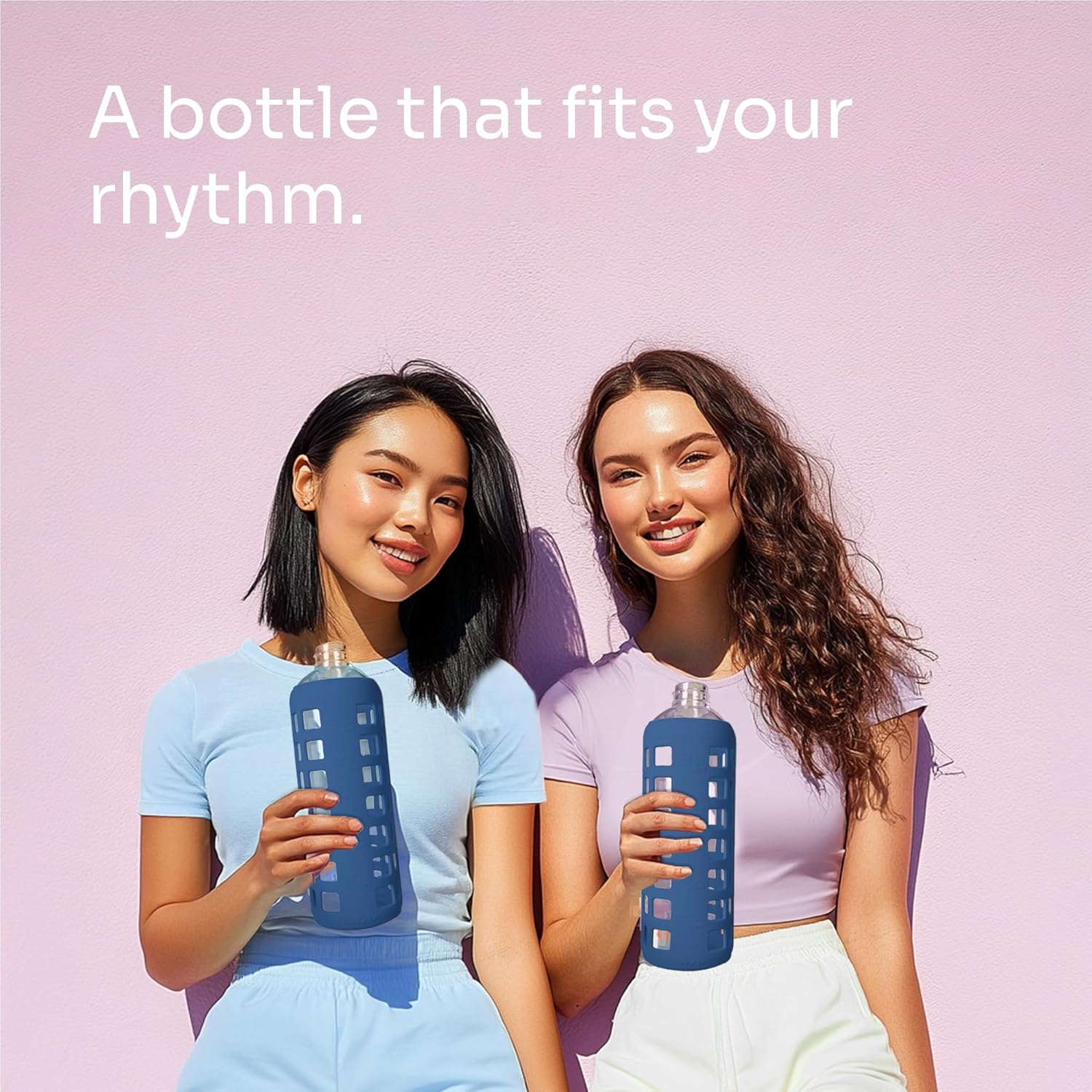 purifyou 40oz / 32oz / 22oz / 12oz Borosilicate Glass Water Bottle with Time & Volume Markers, Silicone Sleeve