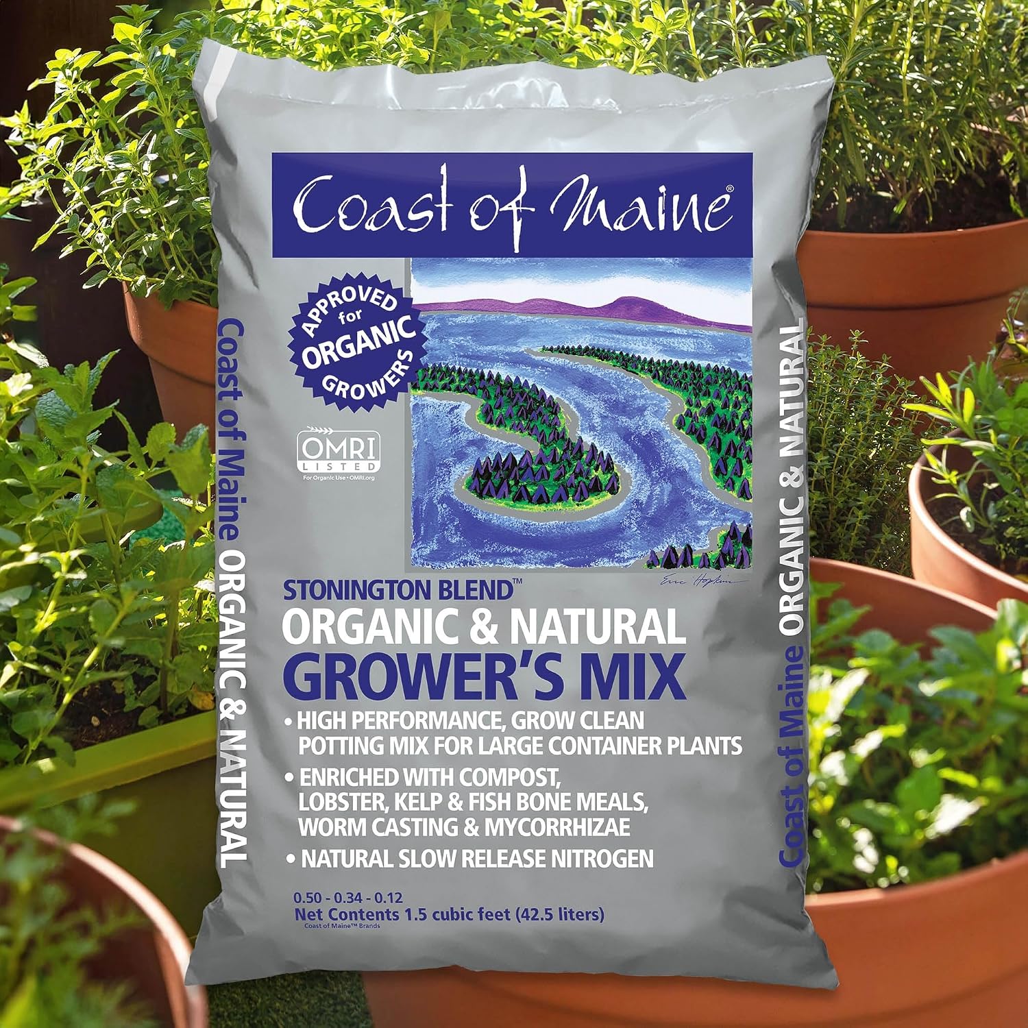 Coast of Maine CMSBO15 Stonington Blend Organic Growers Potting Soil Mix with All Natural Oceanic Ingredients for Planters and Pots, 1.5 Cubic Feet