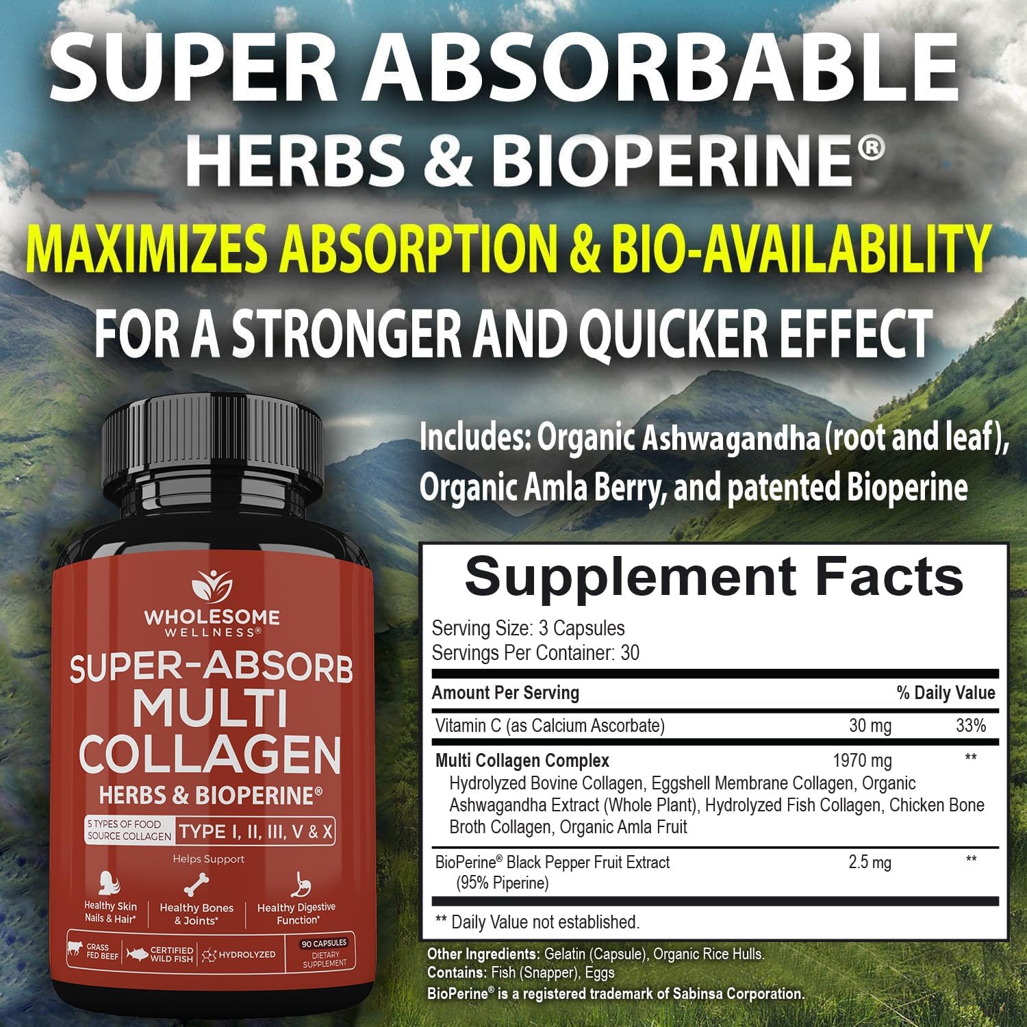 Wholesome Wellness Super-Absorb Multi Collagen Pills (Type I II III V X) Organic Herbs & Bioperine - Hair, Skin