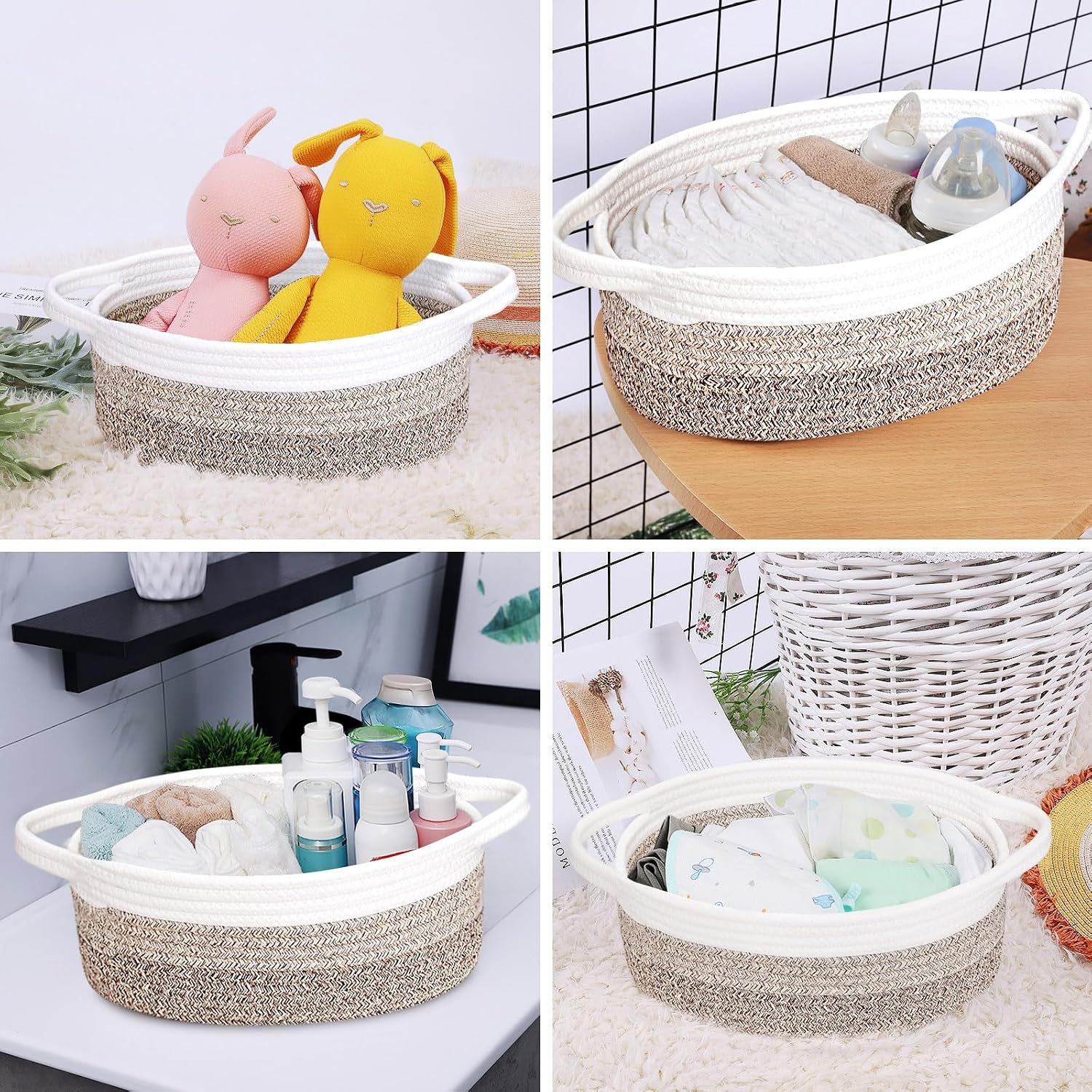 ABenkle Small Basket with Handles, Boho Decorative Rope Woven Dog Cat Toy Storage Bin Shelf Storage Organizer, Easter Christmas Gift Basket, 12"x8"x5"