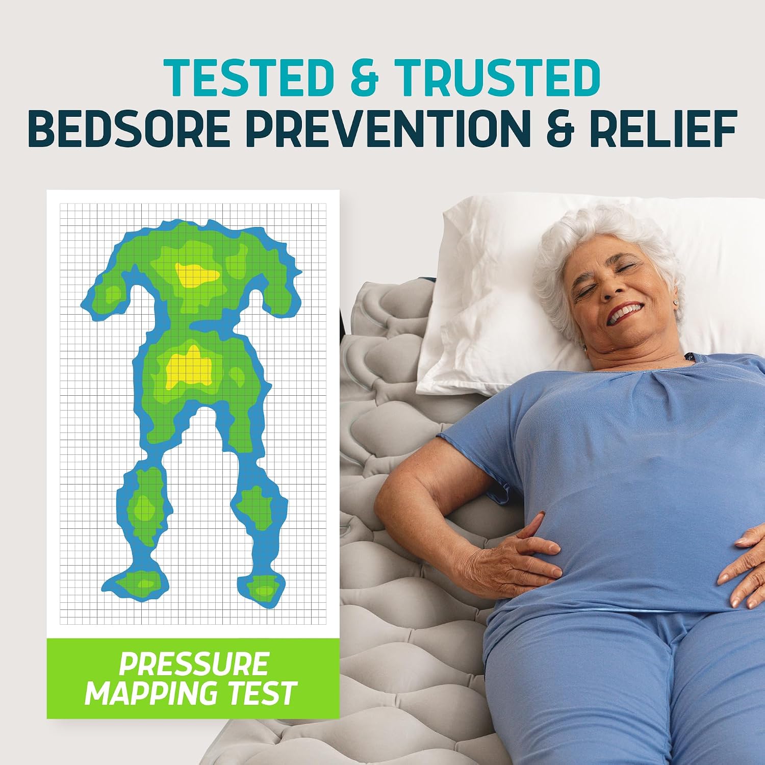 Lunderg PressuRelief Alternating Air Pressure Mattress Pad with Static Mode | With Snap-2-Pad Comfort Layer - Quiet Pump, Comfortable Bed Sore Prevention Mattress Topper for Hospital Bed or Home