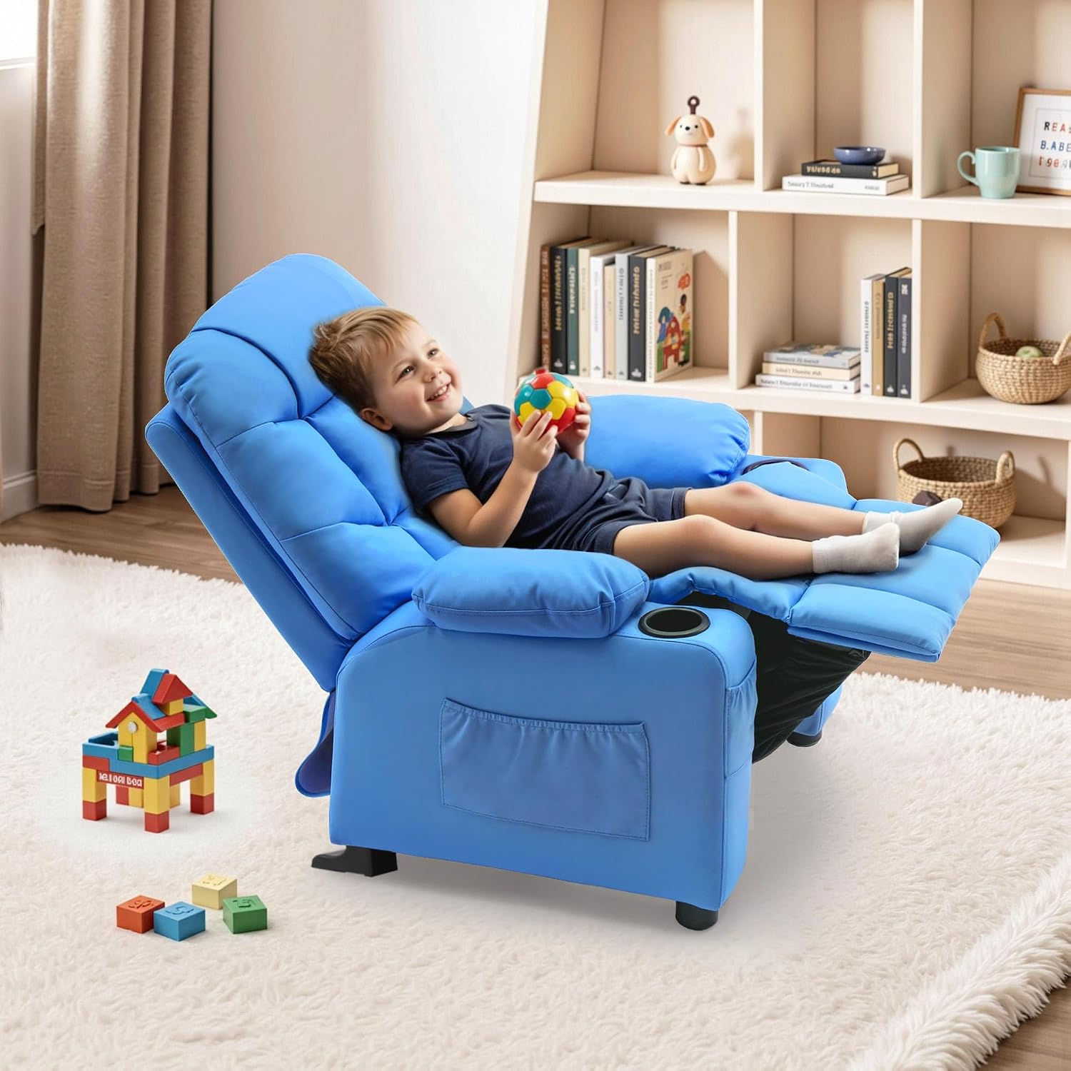 MCombo Big Kids Recliner for Ages 3+, Toddlers Recliner 7355 Velvet, Blue