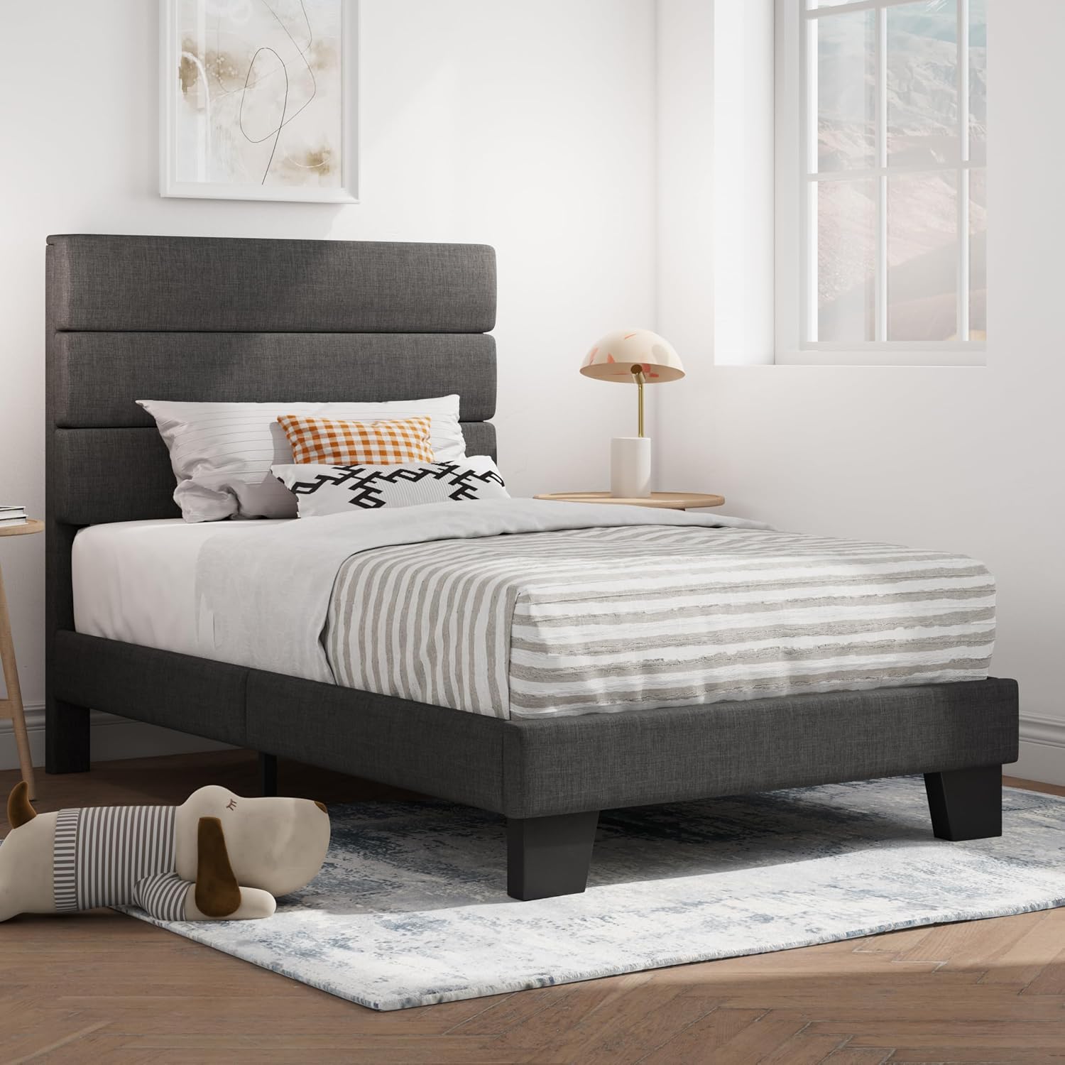 SHA CERLIN Full Platform Bed Frame with Upholstered Fabric Headboard, Grey