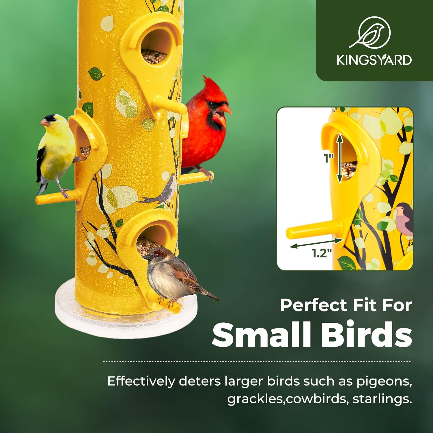 Kingsyard Metal Bird Feeders for Outdoors Hanging, Tube Bird Feeder | 14 in, 6 Feeding Ports, drainage holes, 2 lbs Seed Capacity, Weatherproof, Stays Dry & Fresh, Easy to Clean & Refill, Yellow