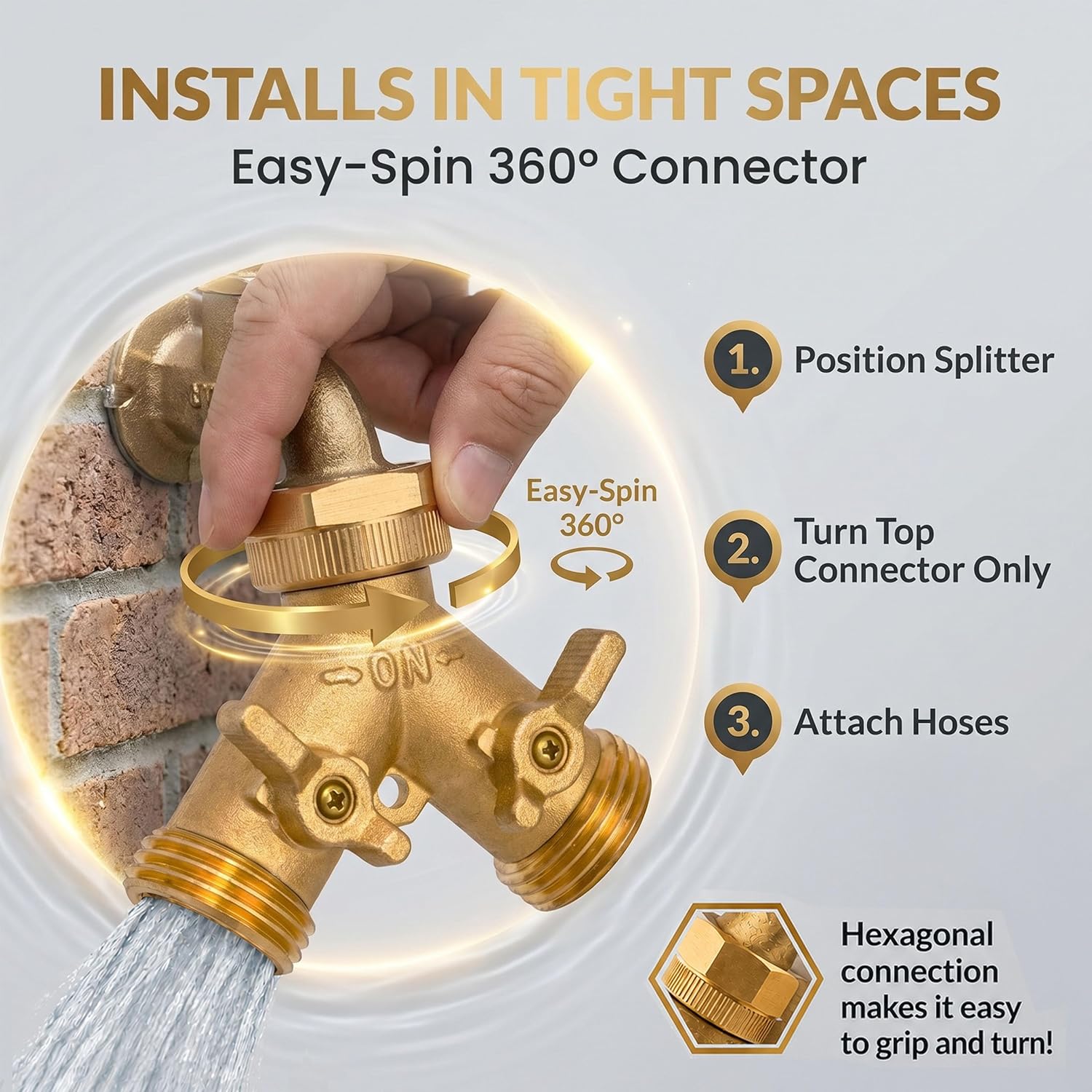 Brass Heavy-Duty Garden Hose Water Splitter | LEAD-FREE 2-Way Y Splitter for Water Spigot & Faucet | Manifold Connector ON/OFF Valves w/Improved Comfort Grip, 3 Extra Washers & Teflon Tape