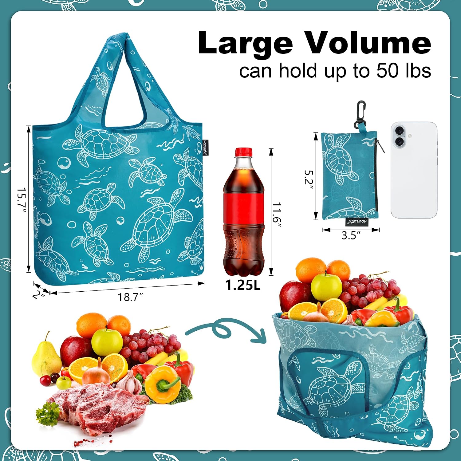HOLYLUCK Reusable Grocery Bags,Heavy Duty Foldable Shopping Tote Bag (Standard, 3 Blue Geometric Flowers)