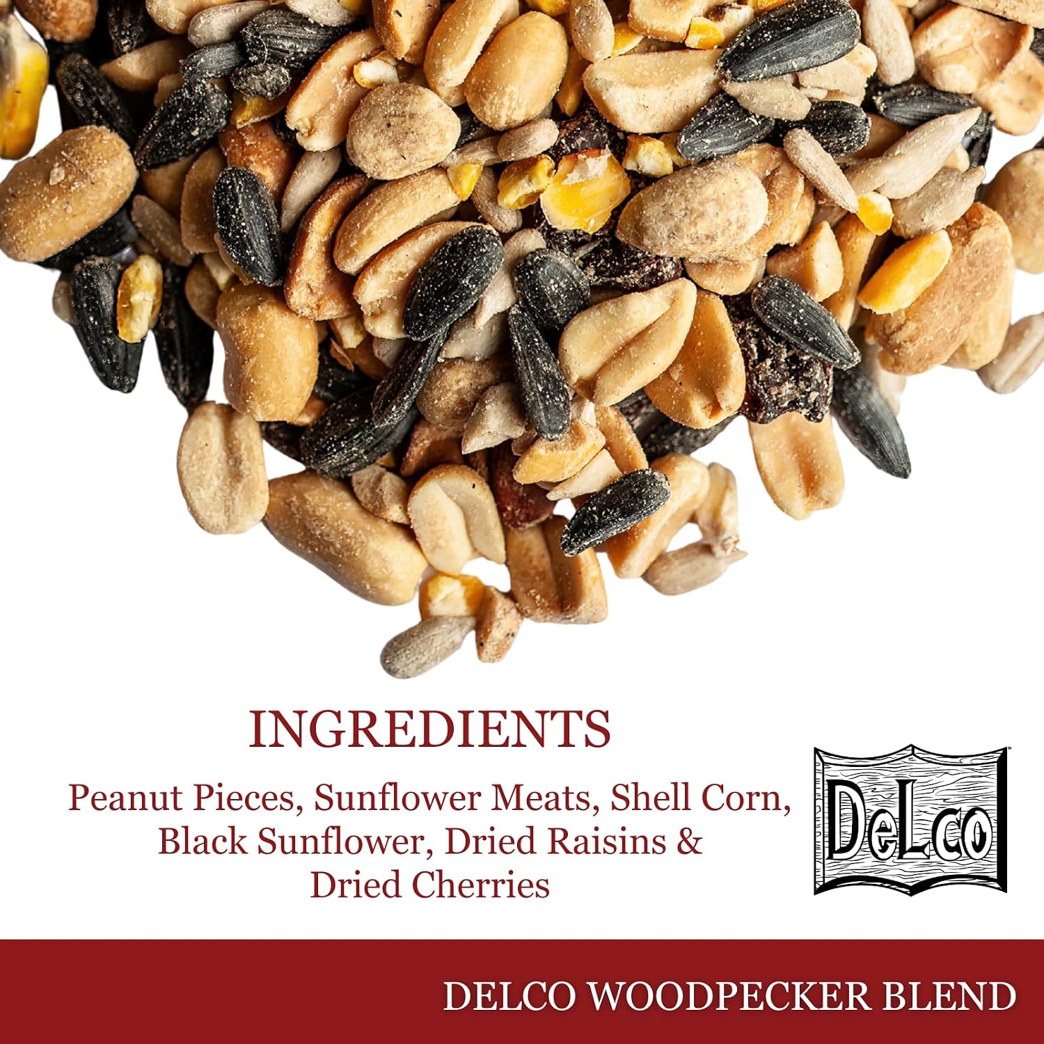 DeLco Woodpecker Wild Bird Seed, 20 lb Bag, High Energy Fruit & Nut with Sunflowers, Attracts Woodpeckers, Cardinals, Jays & Chickadees
