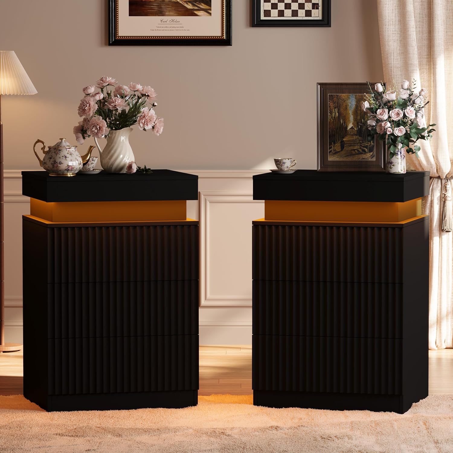 Fluted Nightstand with Charging Station and LED Light, Bedside Table with Sliding Top, USB Ports and AC Outlets, 3 Drawer Storage Cabinet