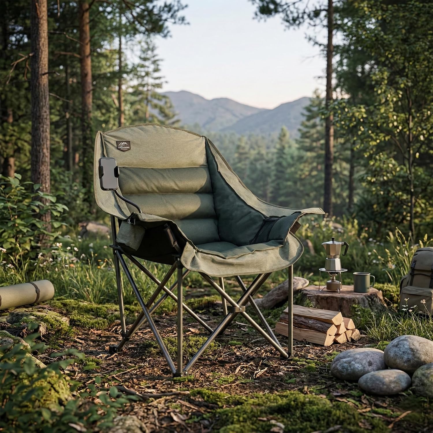 Oversized XL Folding Camping Chair,Heavy Duty Support 400Lbs,Large Comfy Padded Camp Chair for Adults,Lawn Arm Chair w/Cup Holder,Phone Holder,Carry Bag Perfect for Outdoor (Brown