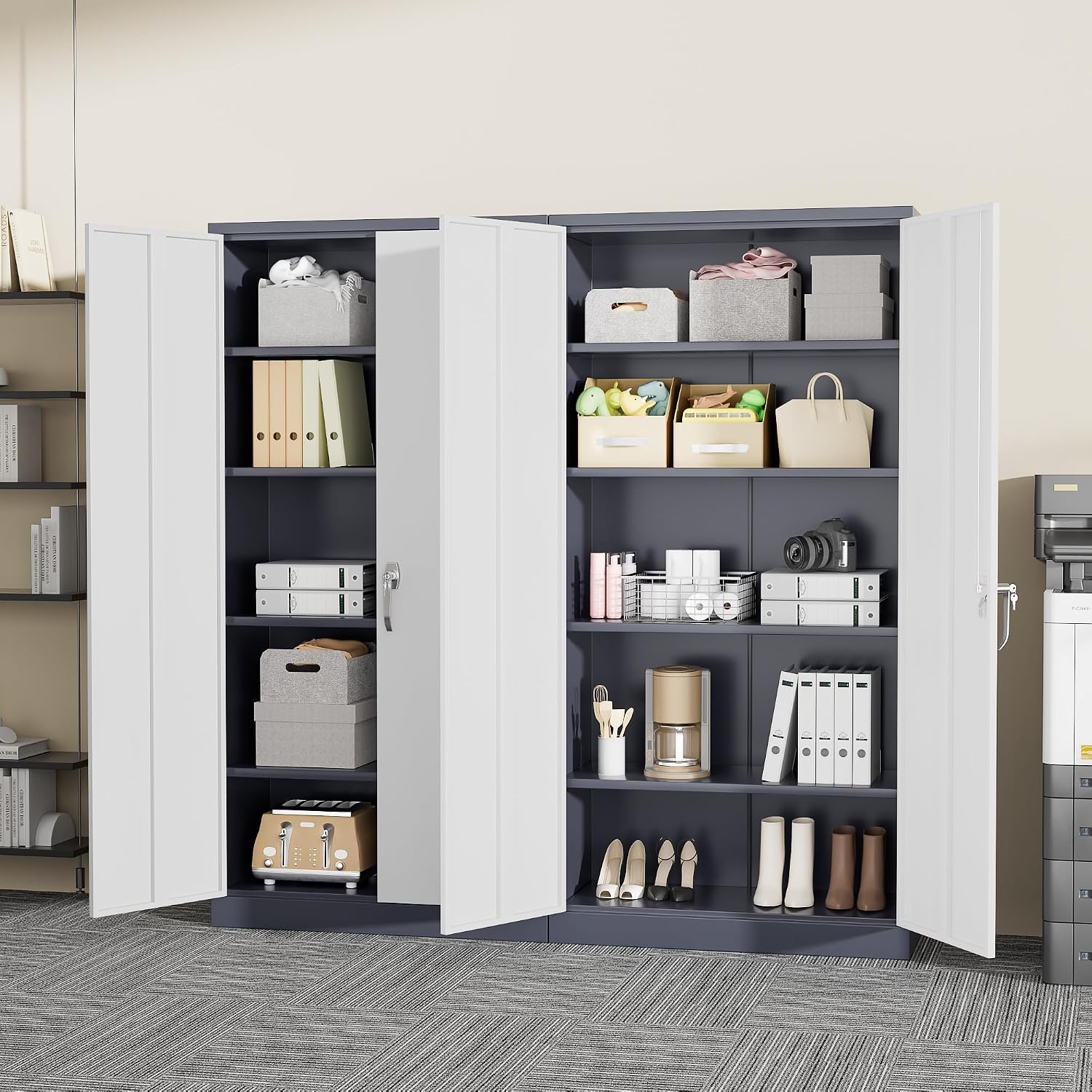 Greenvelly Steel SnapIt Storage Cabinet, 72" Locking Metal Garage Storage Cabinet with 4 Adjustable Shelves, 2 Doors and Lock for File, Office, Garage