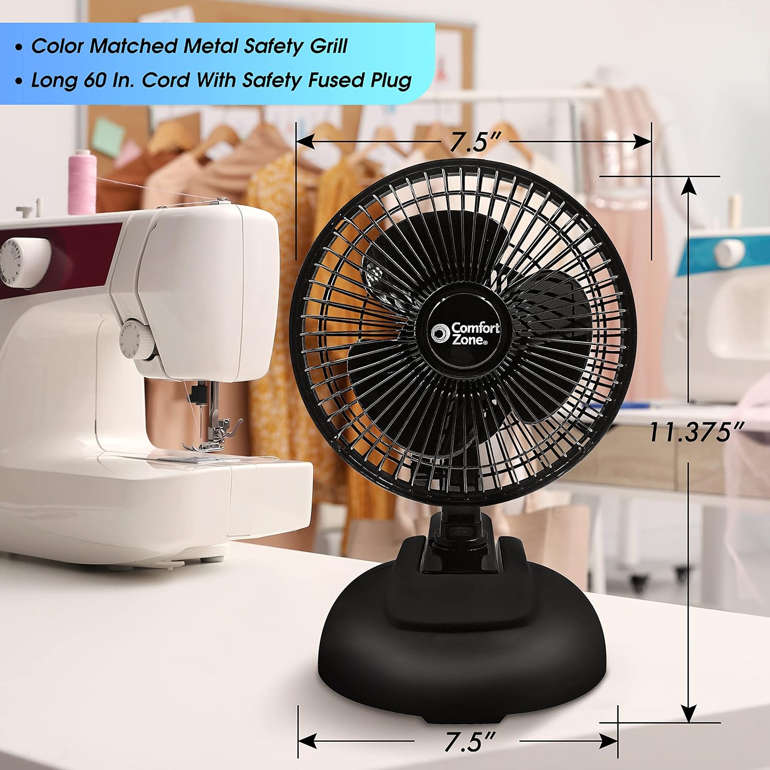 Comfort Zone CZ6XMWT 6” 2-Speed Combo Clip or Desk Fan with Removable Base, Strong Clamp for Firm Grip, Suitable for Bedroom, Office, or Dorm Room, White