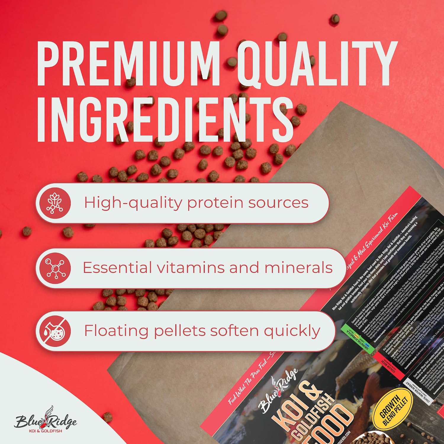 Blue Ridge Koi Fish Food 2lb - Koi Food 3/16” Large and Mini Blend Growth Formula, Goldfish Food, Premium Fish Food for Ponds, Ponds Fish Food, Floating Pond Pellets